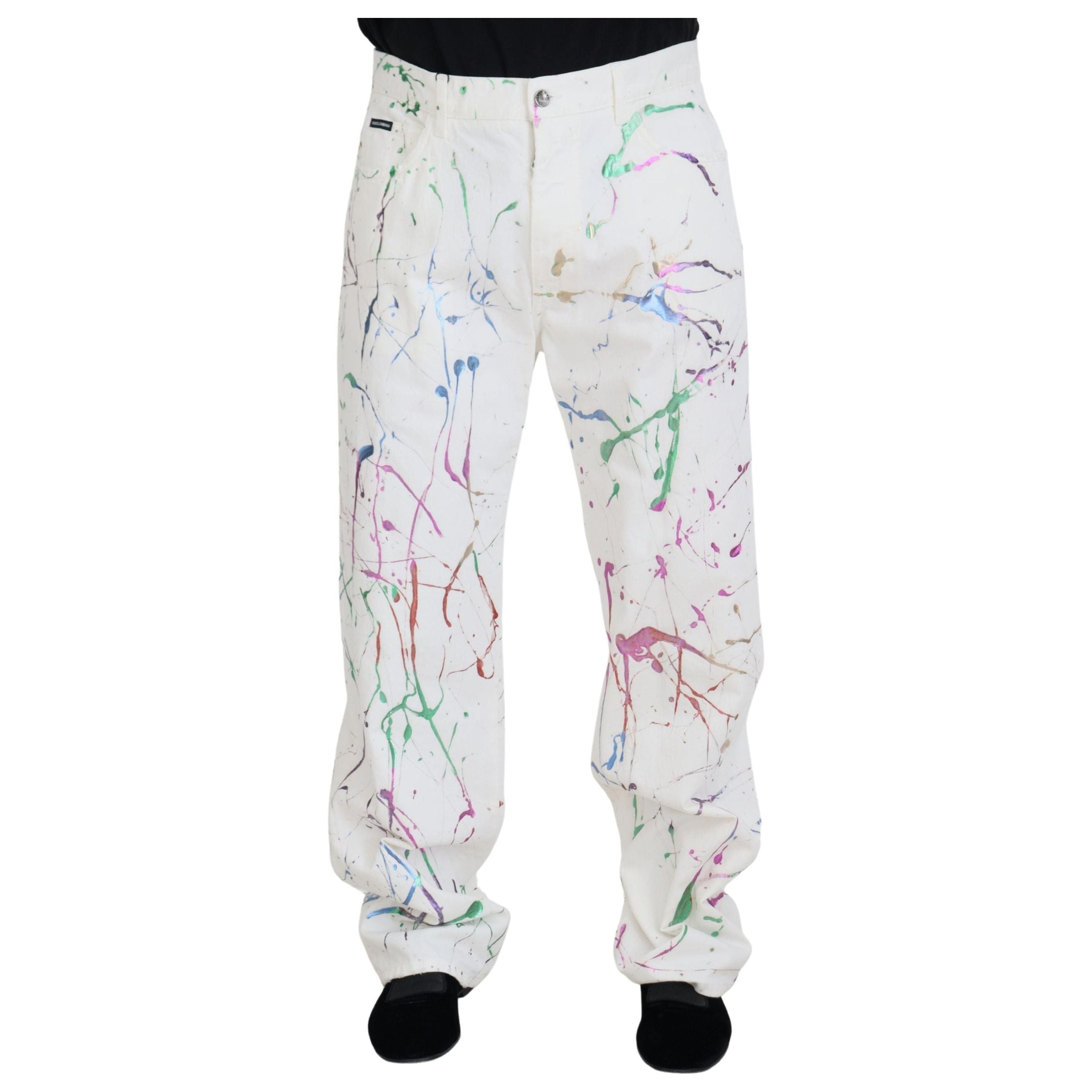 Dolce & Gabbana White Cotton Splash Print Denim Pants