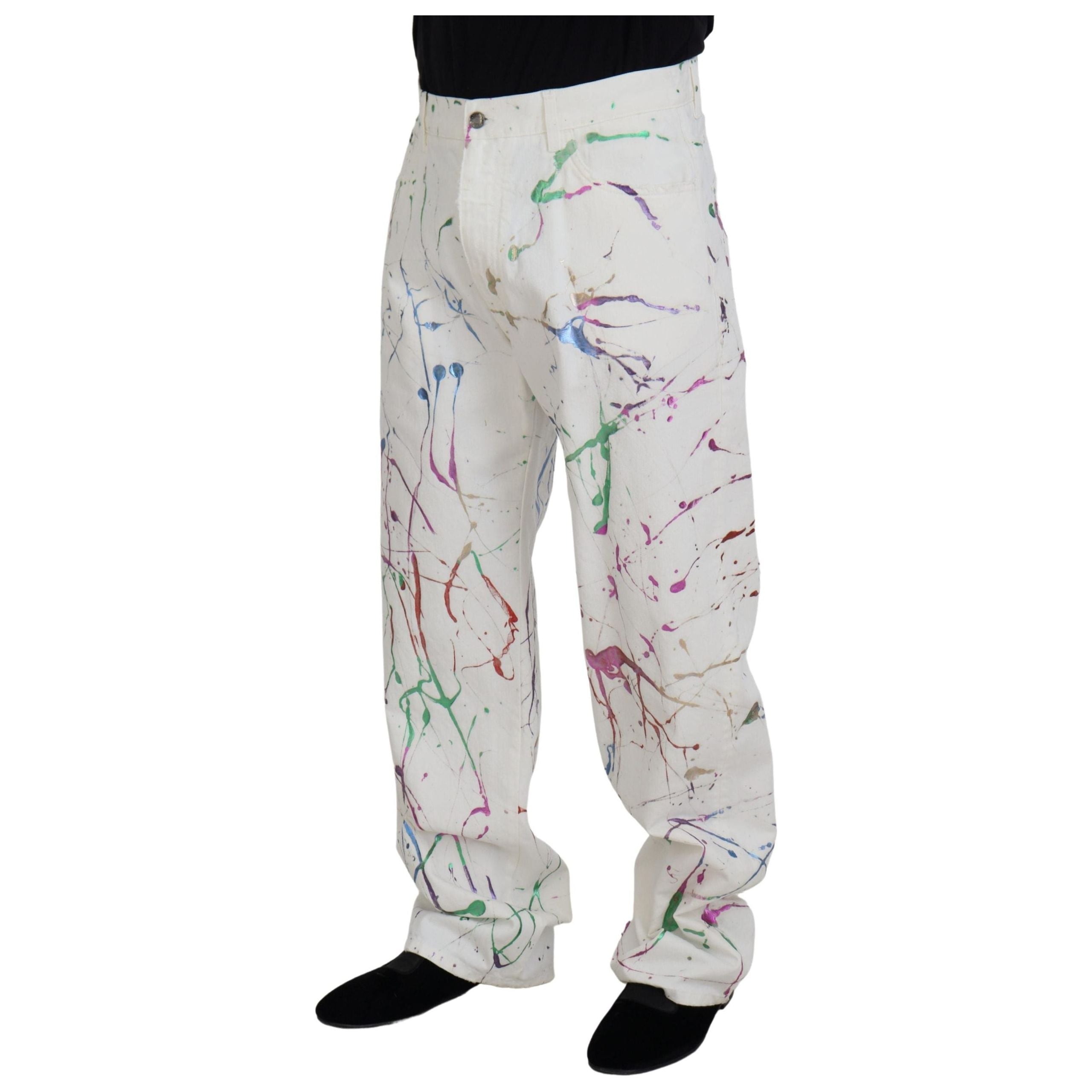 Dolce & Gabbana White Cotton Splash Print Denim Pants