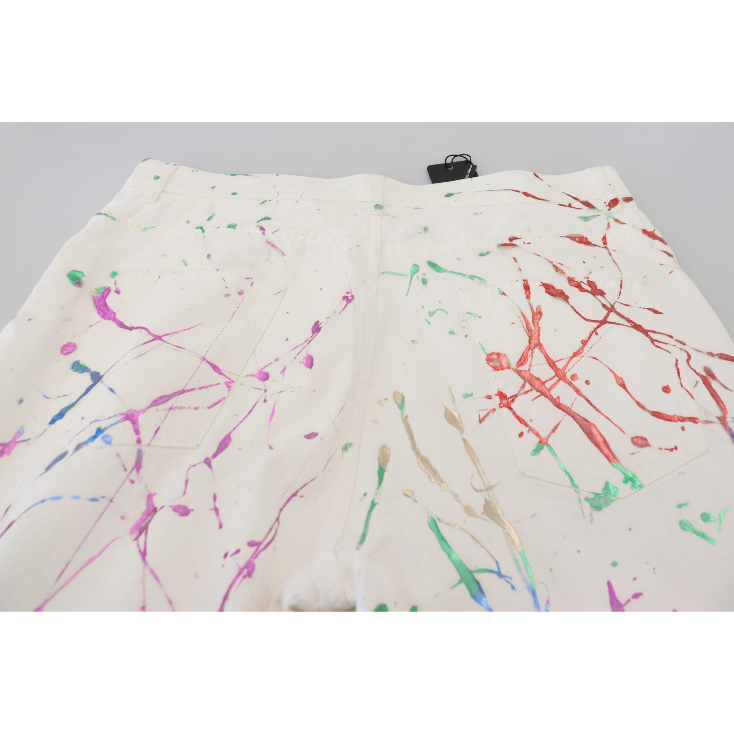 Dolce & Gabbana White Cotton Splash Print Denim Pants