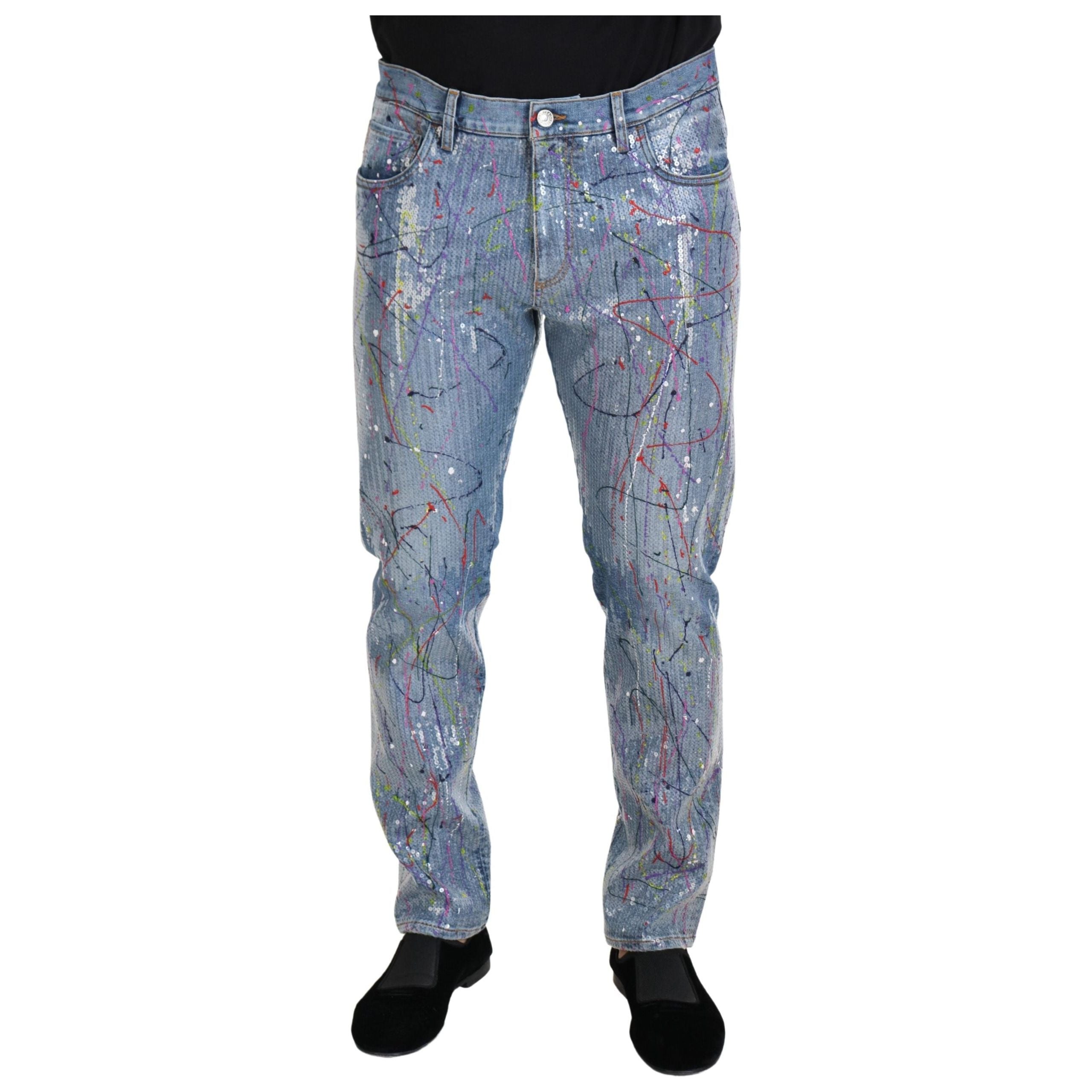 Dolce & Gabbana Blue Cotton Exquisite Color Splash Denim Pants
