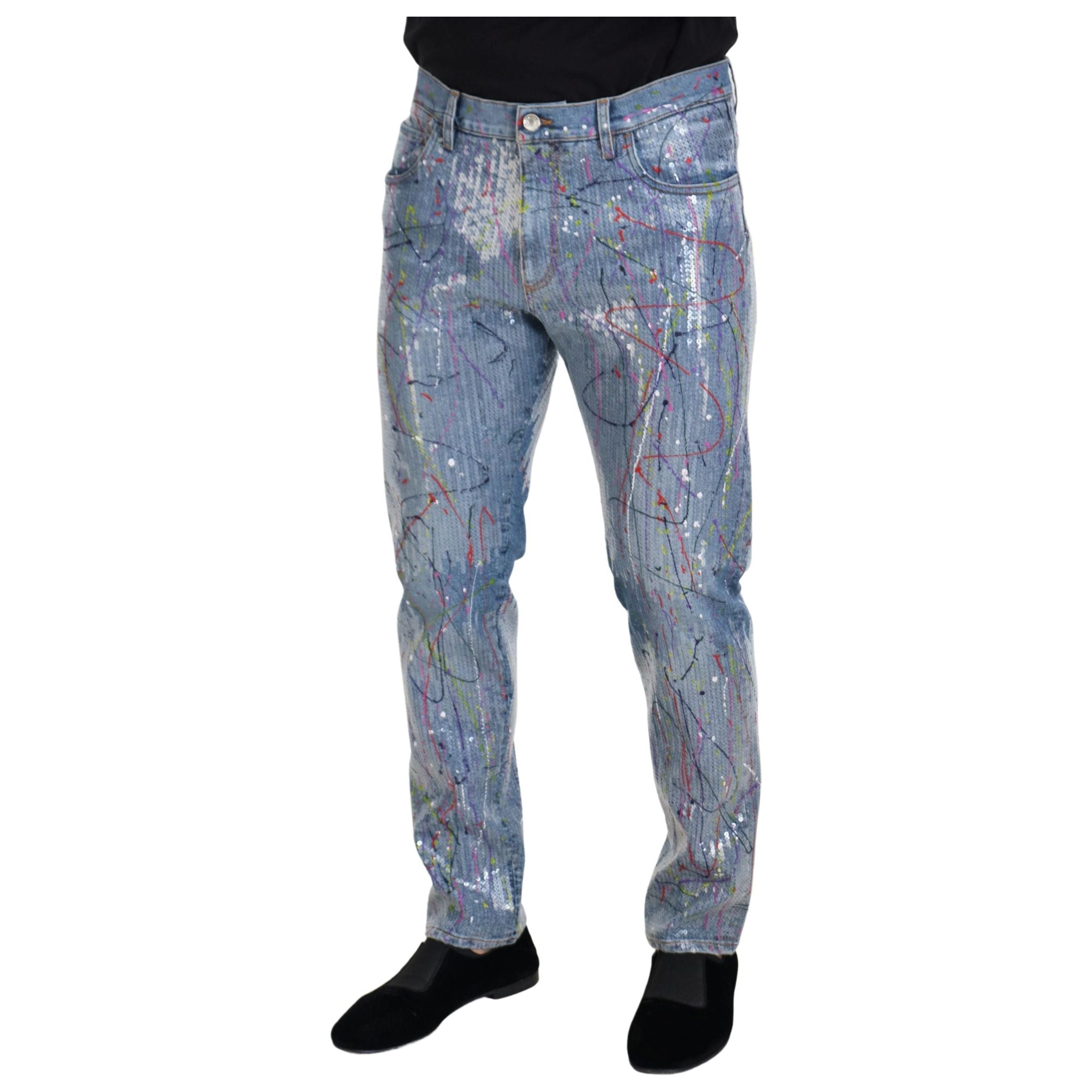 Dolce & Gabbana Blue Cotton Exquisite Color Splash Denim Pants