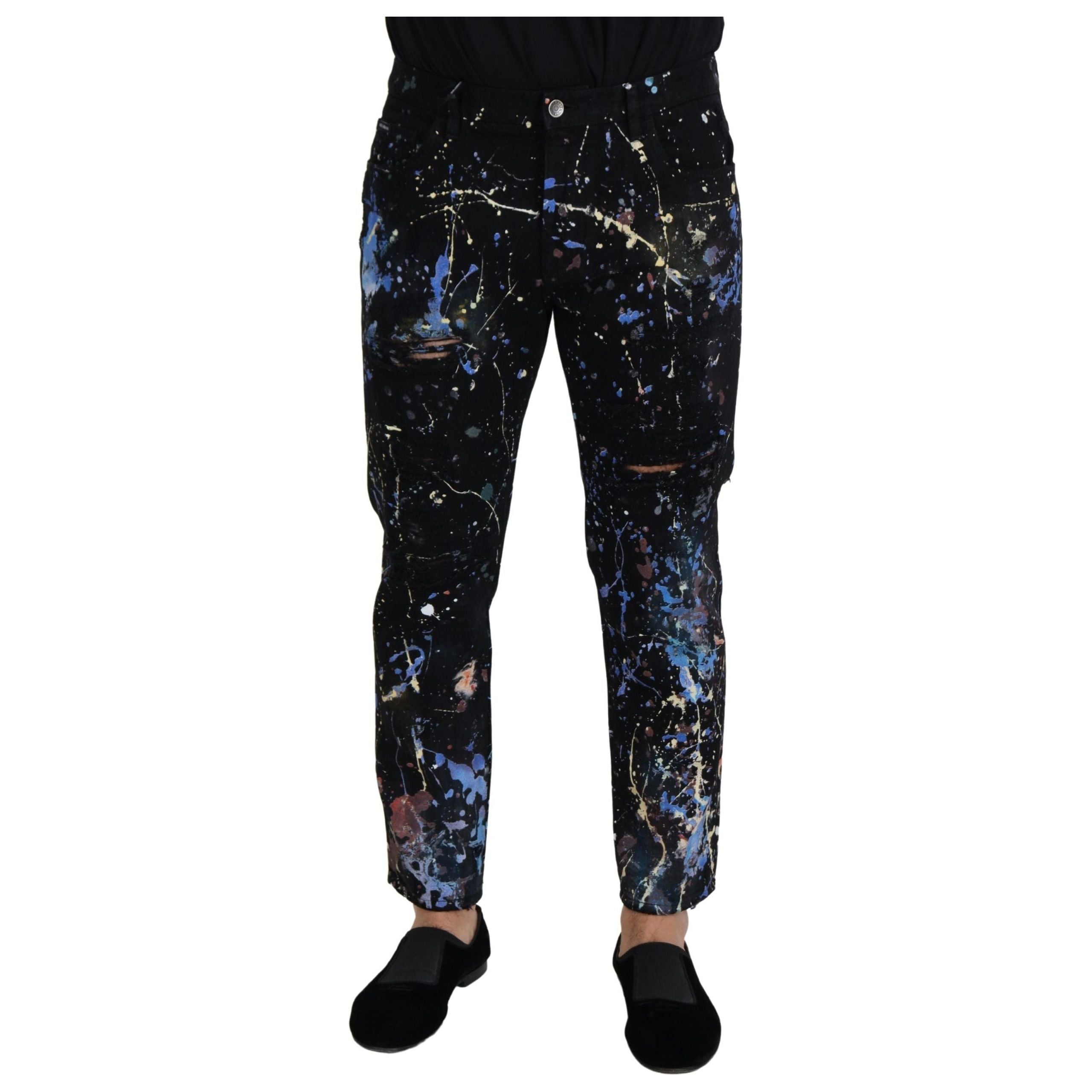 Dolce & Gabbana Blue Cotton Exquisite Color Splash Print Denim Pants