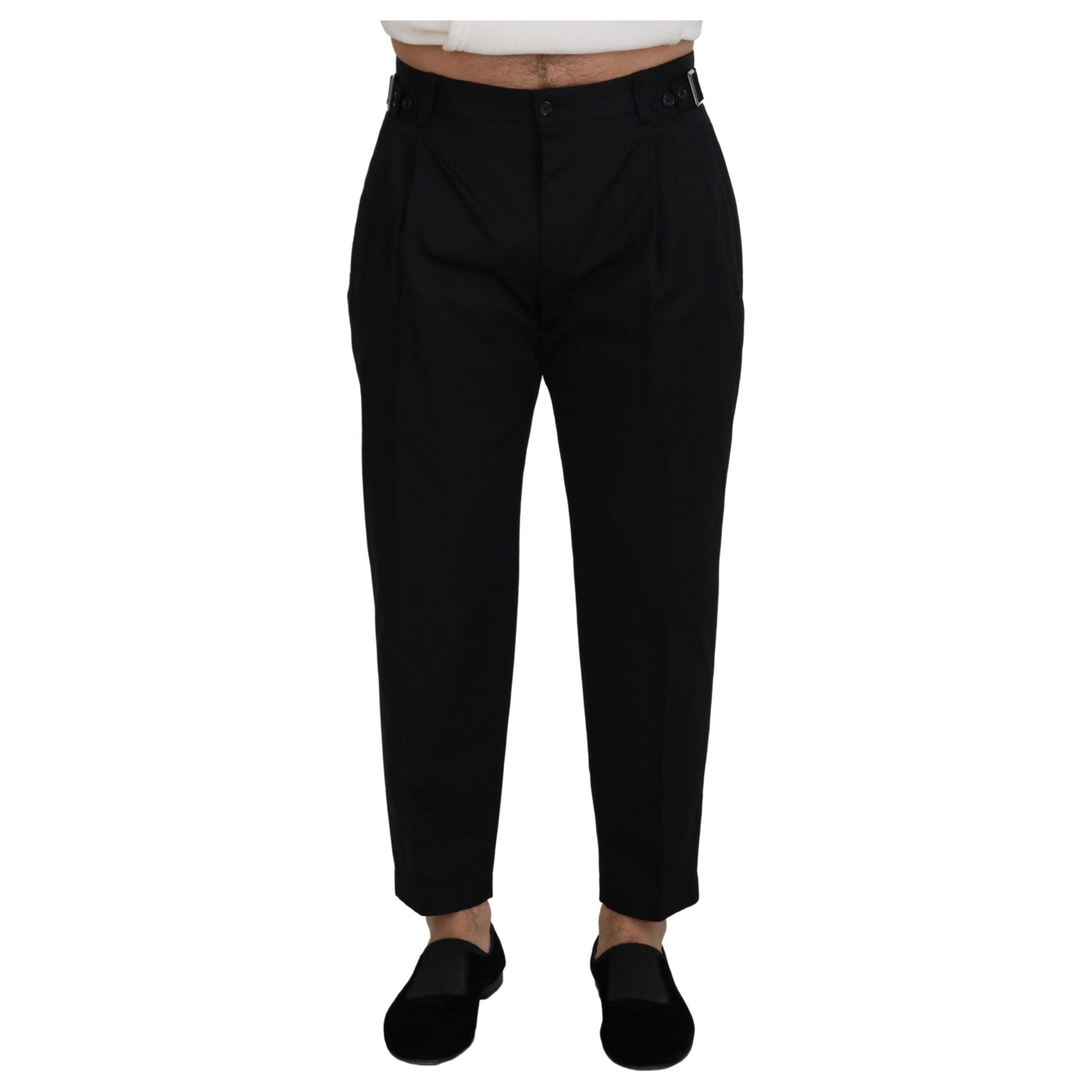 Dolce & Gabbana Black Cotton Designer Pants with Side Buckle
