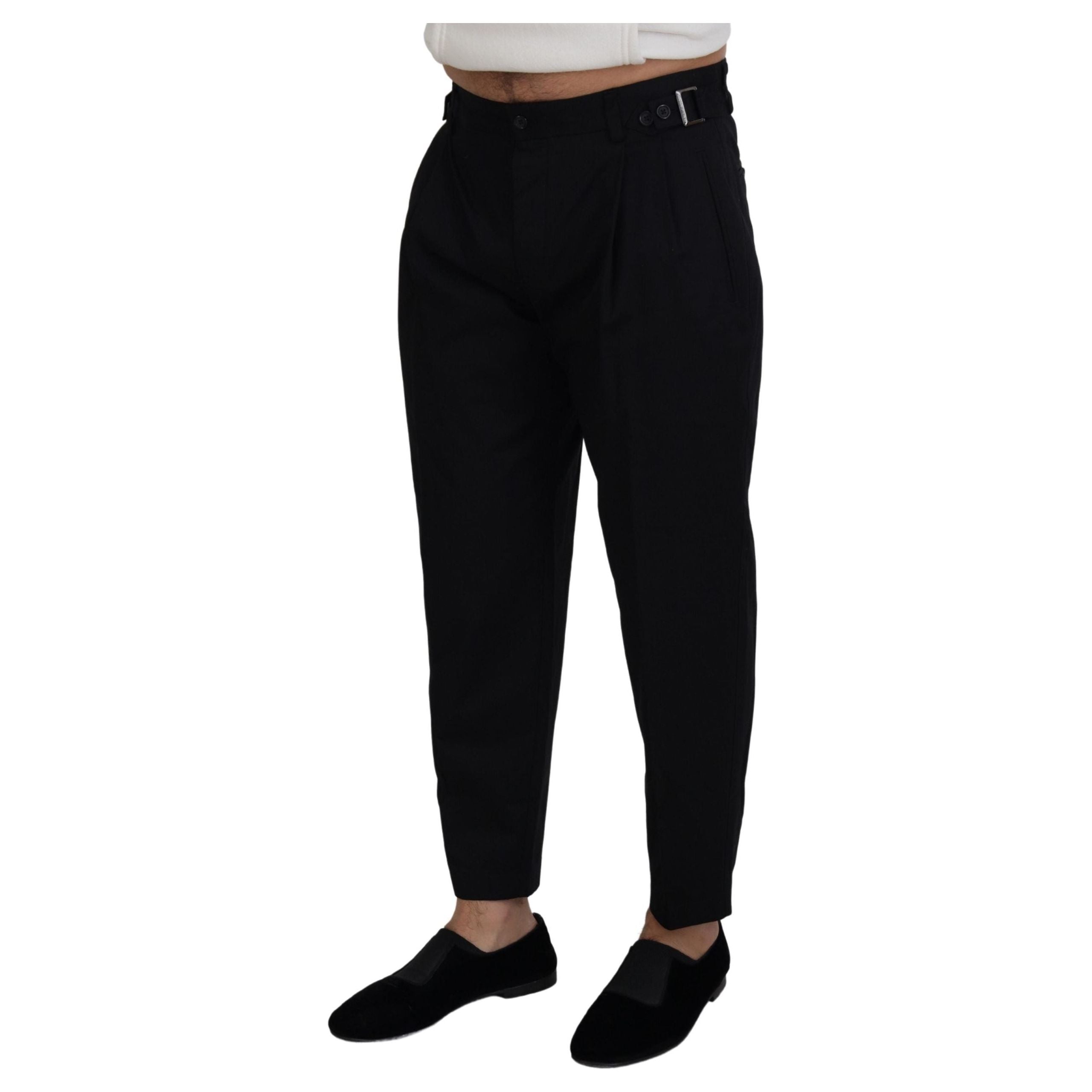 Dolce & Gabbana Black Cotton Designer Pants with Side Buckle