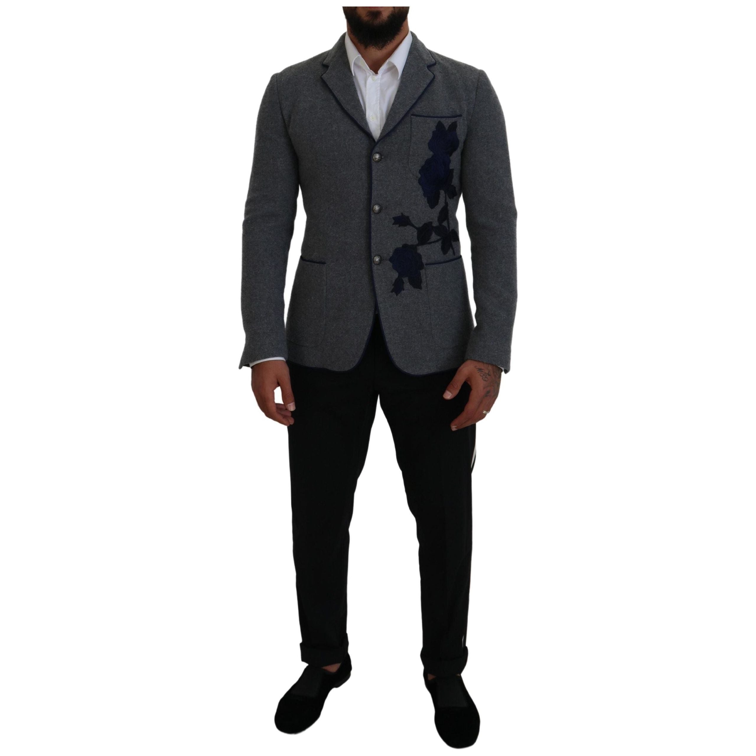 Dolce & Gabbana Gray Wool Blazer with Blue Rose Embroidery