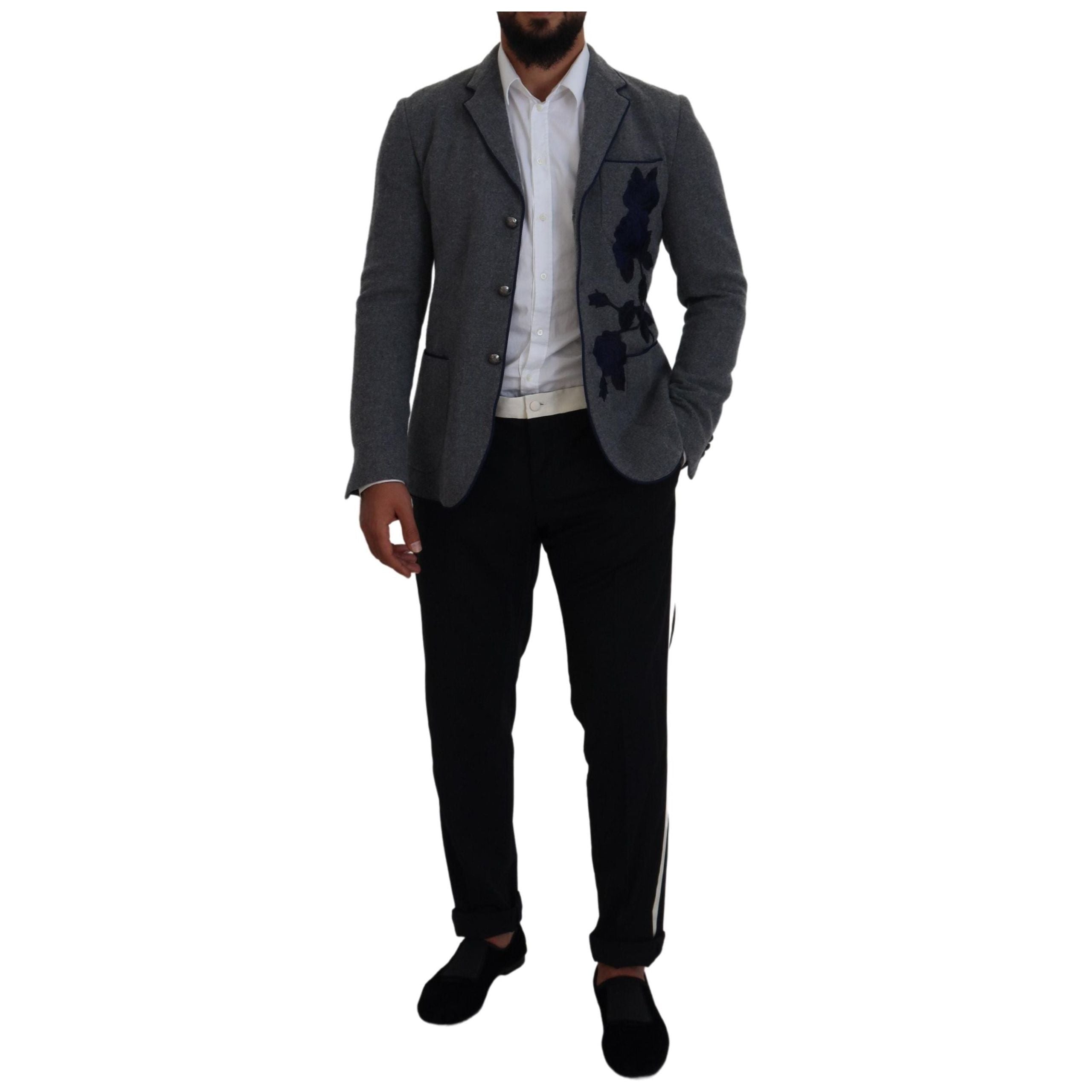 Dolce & Gabbana Gray Wool Blazer with Blue Rose Embroidery