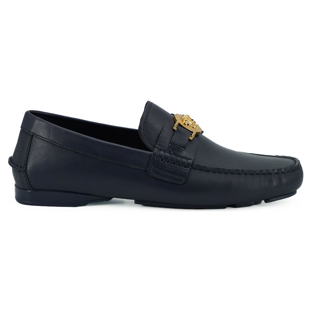 Versace Navy Blue Calf Leather Loafers for Sophisticated Style