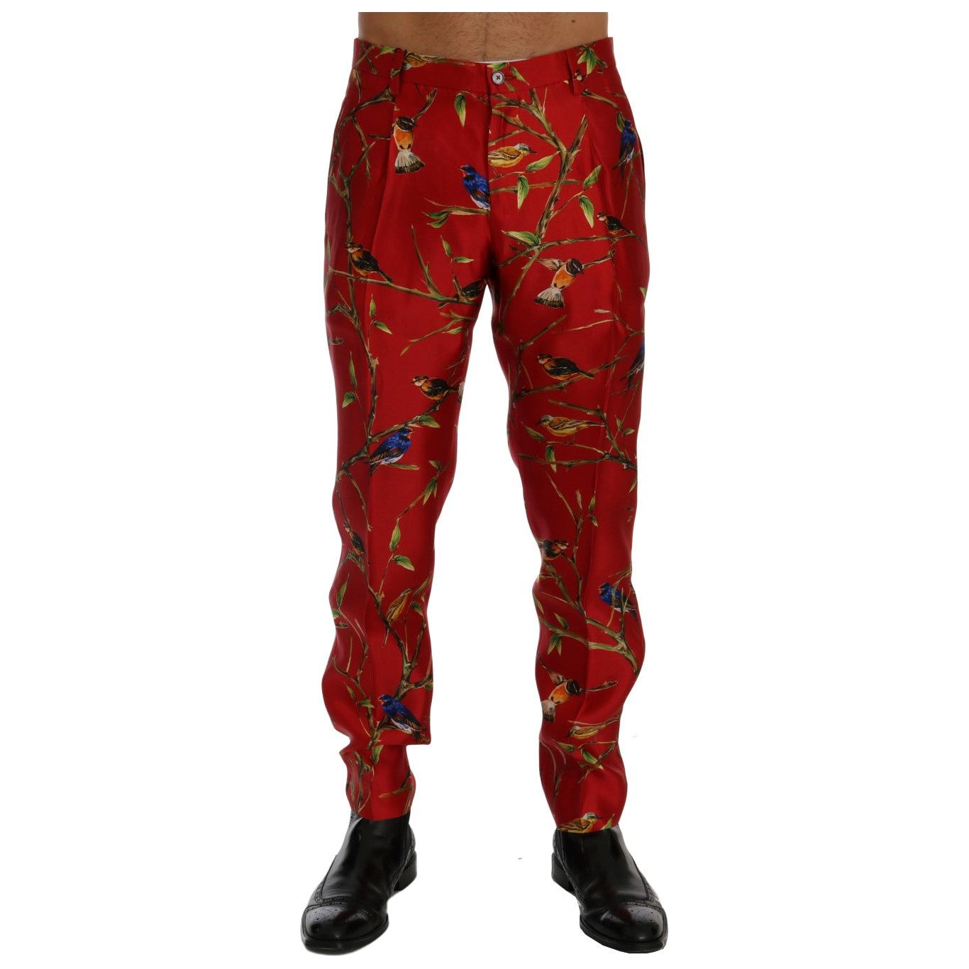 Dolce & Gabbana Red Silk Dress Trousers Bird Print