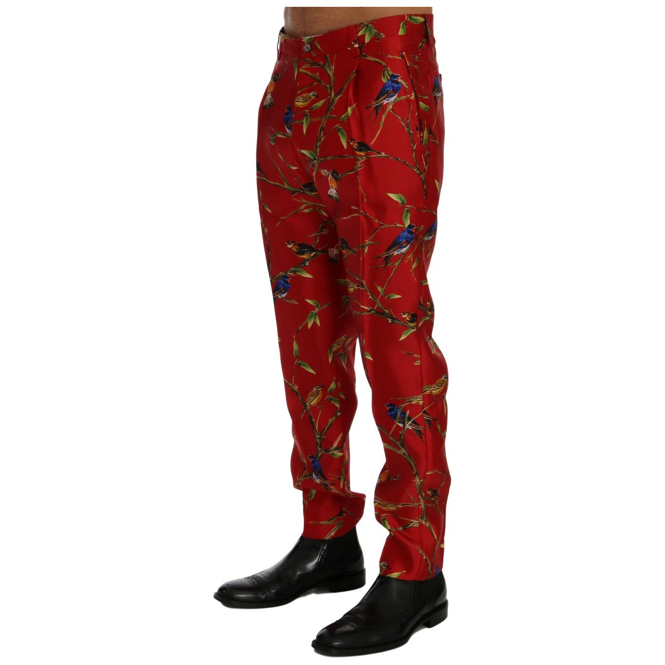 Dolce & Gabbana Red Silk Dress Trousers Bird Print