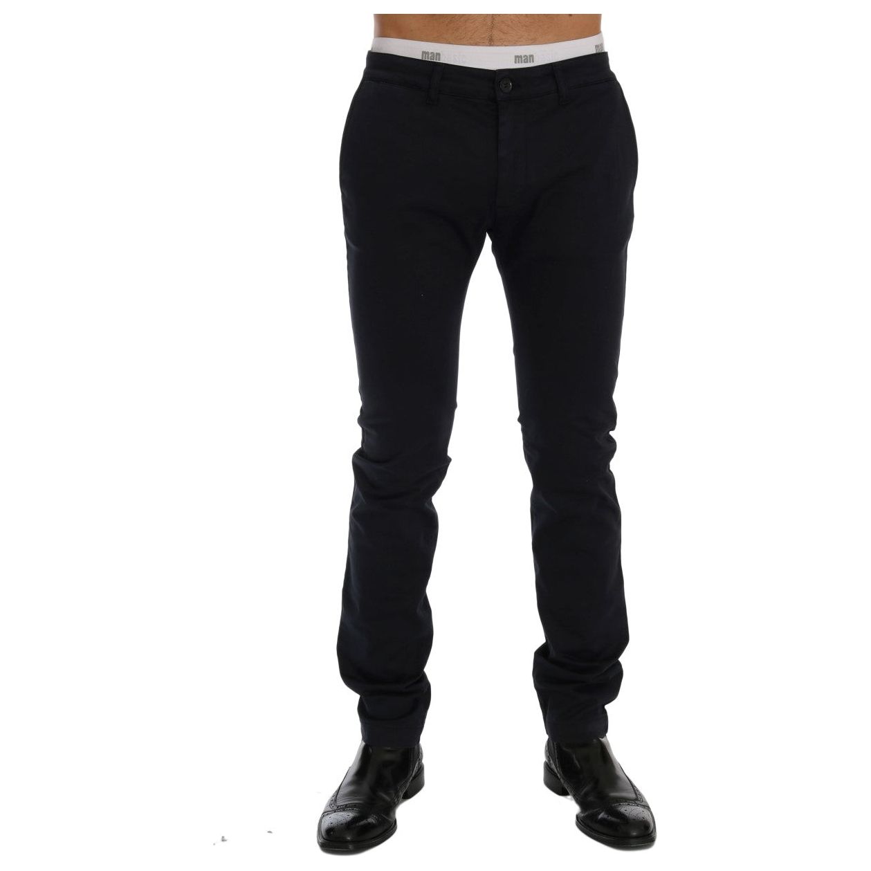 GF Ferre Blue Cotton Stretch Slim-Fit Trousers Elegance