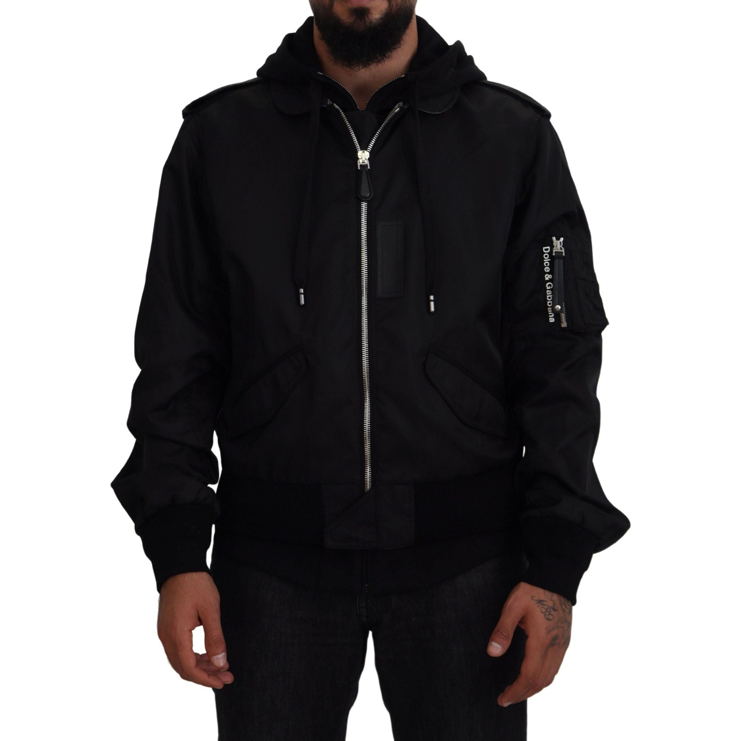 Dolce & Gabbana Black Nylon Hooded Bomber Jacket