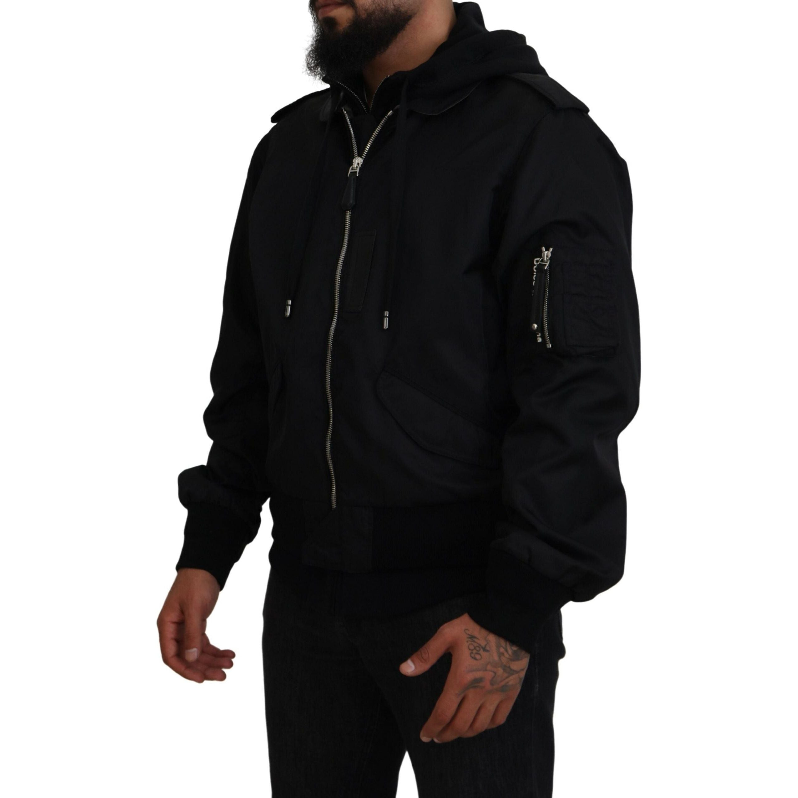 Dolce & Gabbana Black Nylon Hooded Bomber Jacket
