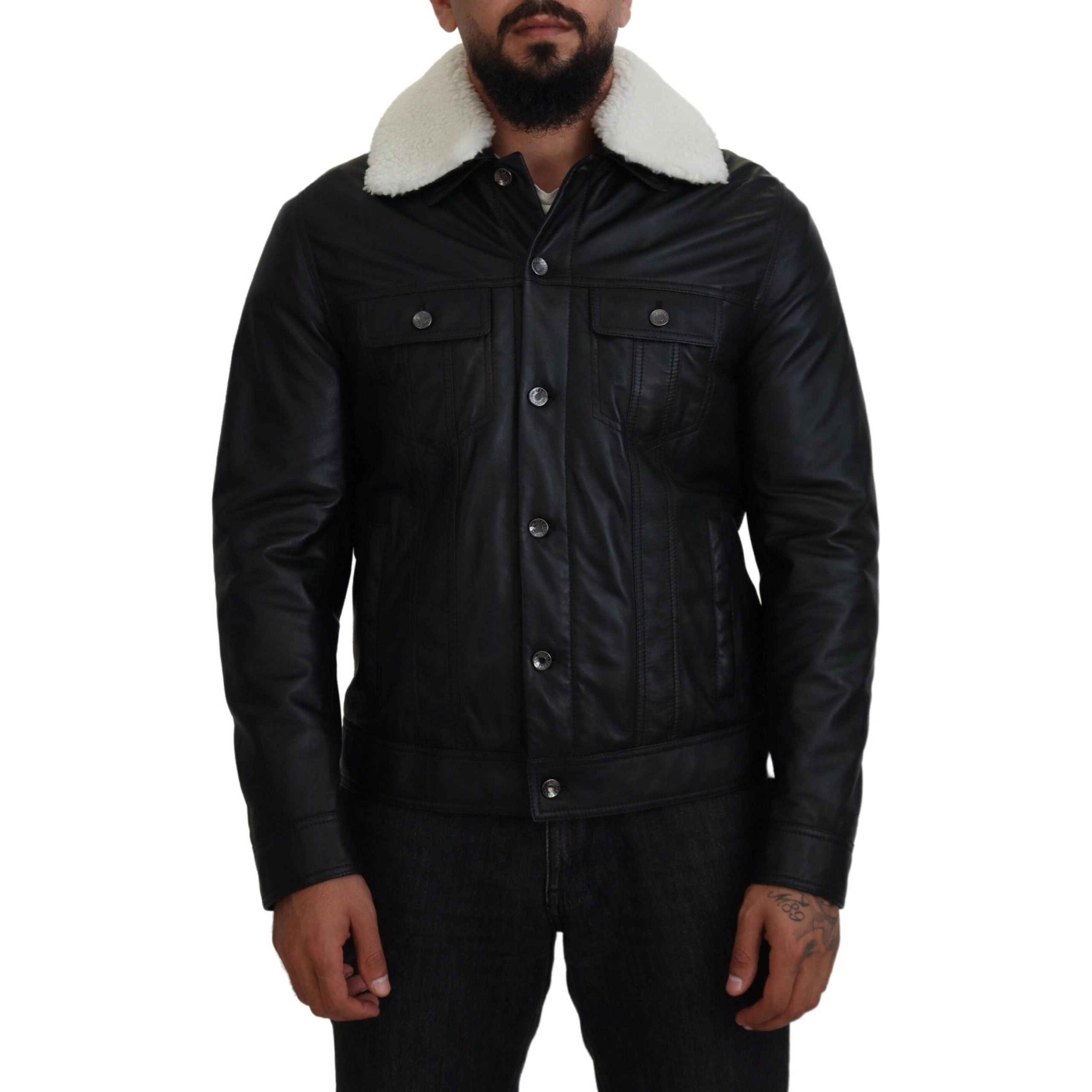 Dolce & Gabbana Black Leather Bomber Jacket Luxe