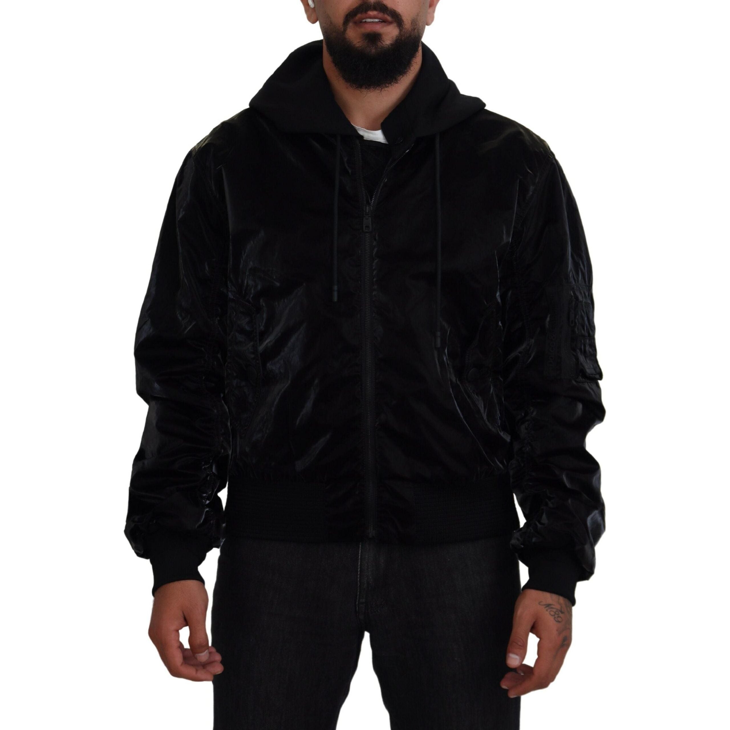 Dolce & Gabbana Black Nylon Bomber Hooded Jacket