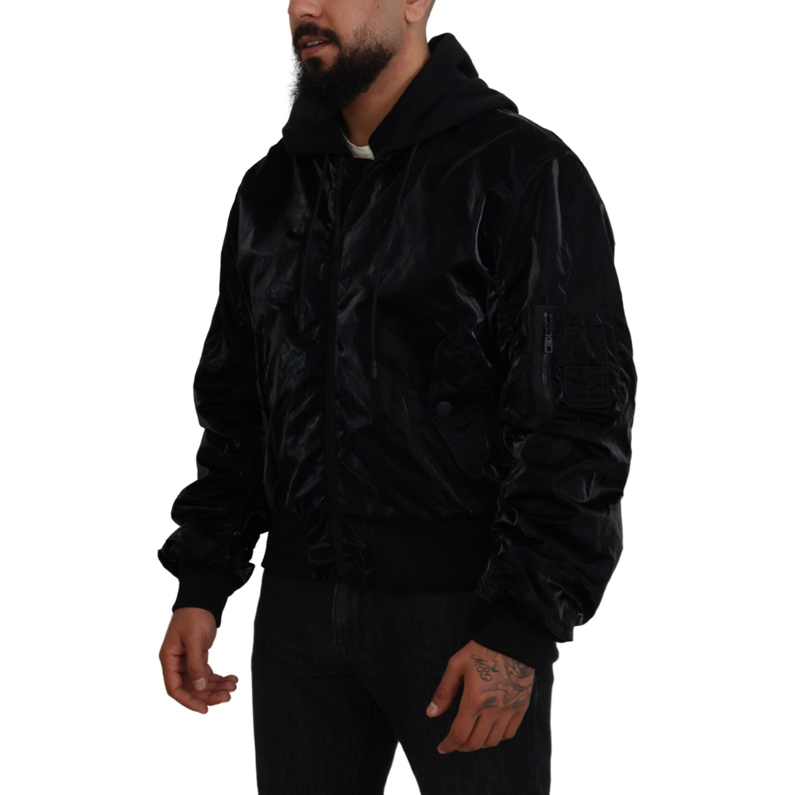 Dolce & Gabbana Black Nylon Bomber Hooded Jacket