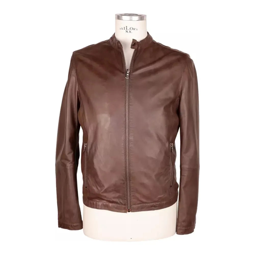 Emilio Romanelli Brown Leather Jacket with Snap Collar