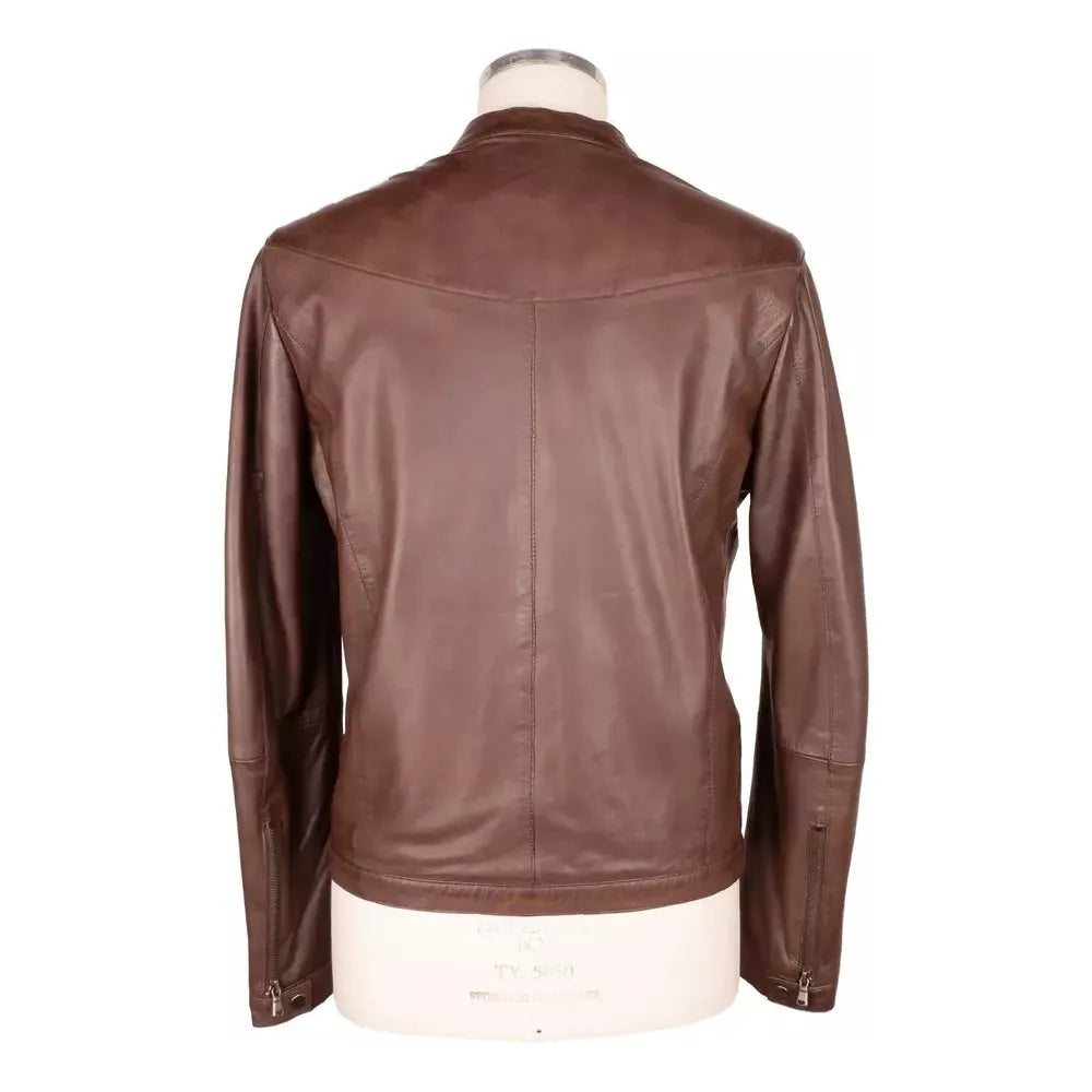 Emilio Romanelli Brown Leather Jacket with Snap Collar