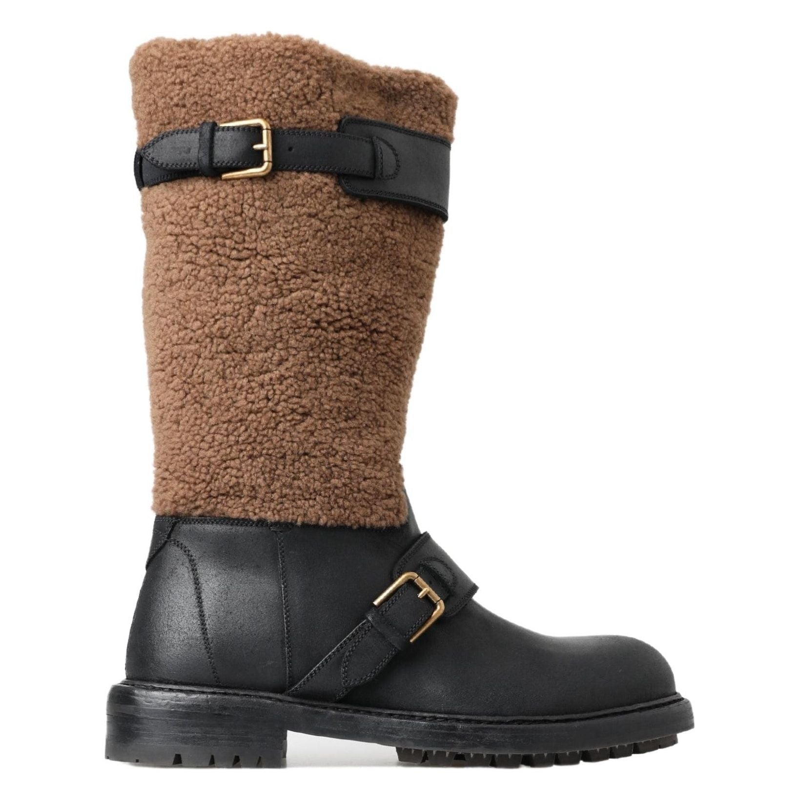 Dolce & Gabbana Black Shearling Leather Long Boots Elegance