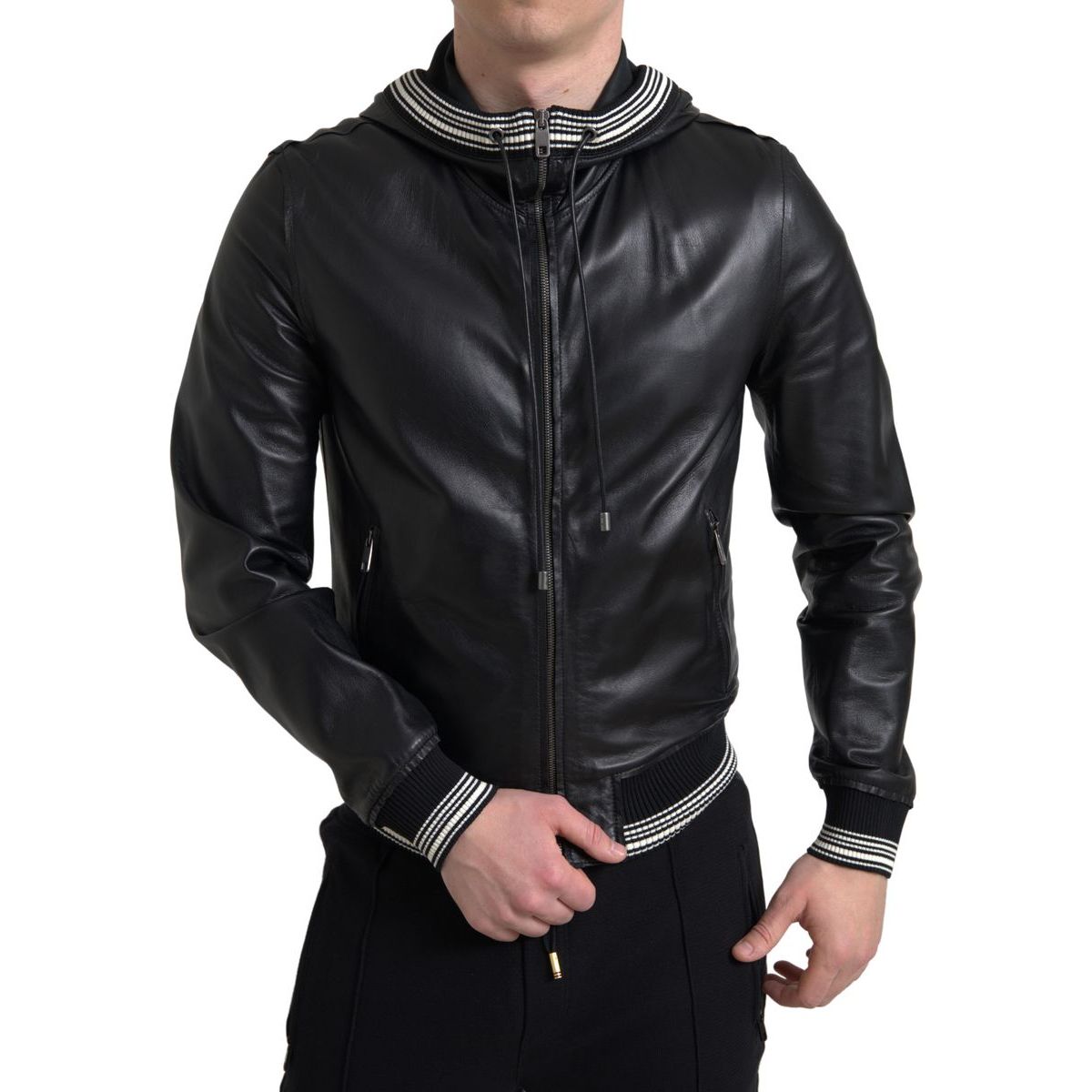 Dolce & Gabbana Black Lambskin Leather Bomber Jacket