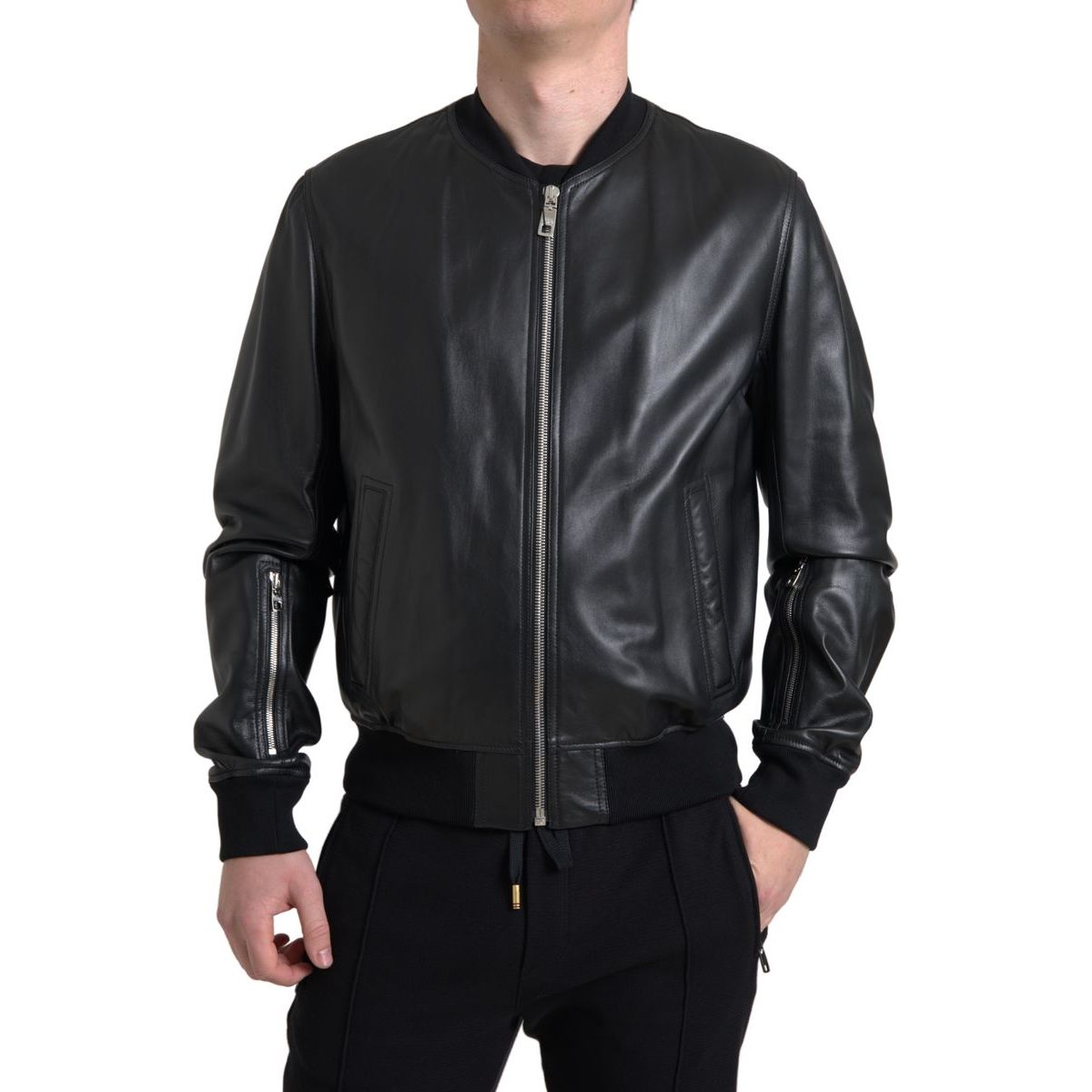 Dolce & Gabbana Black Lambskin Leather Bomber Jacket