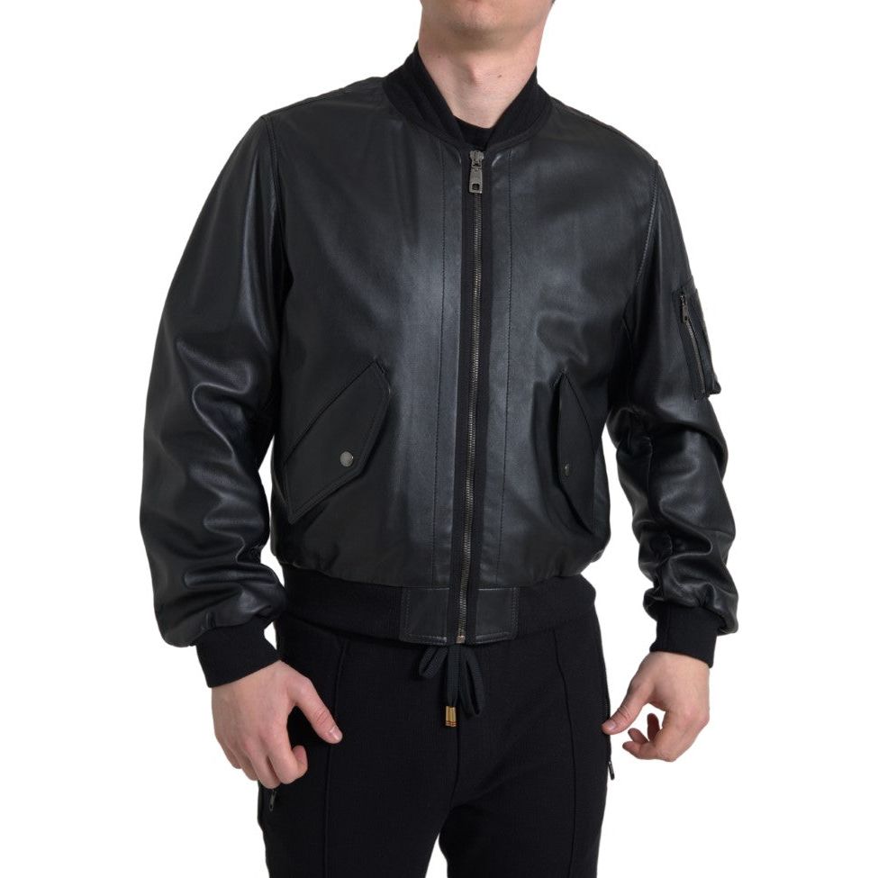 Dolce & Gabbana Black Leather Bomber Jacket