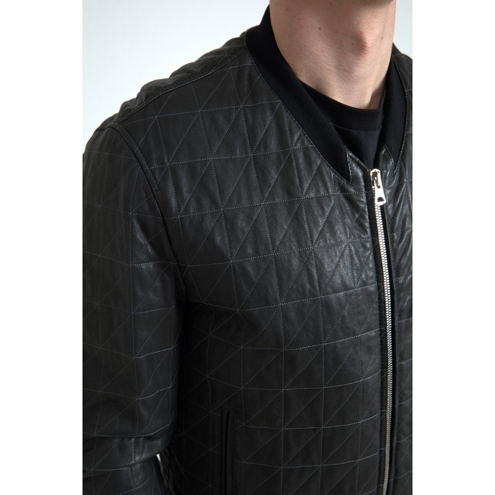Dolce & Gabbana Black Lambskin Leather Bomber Jacket