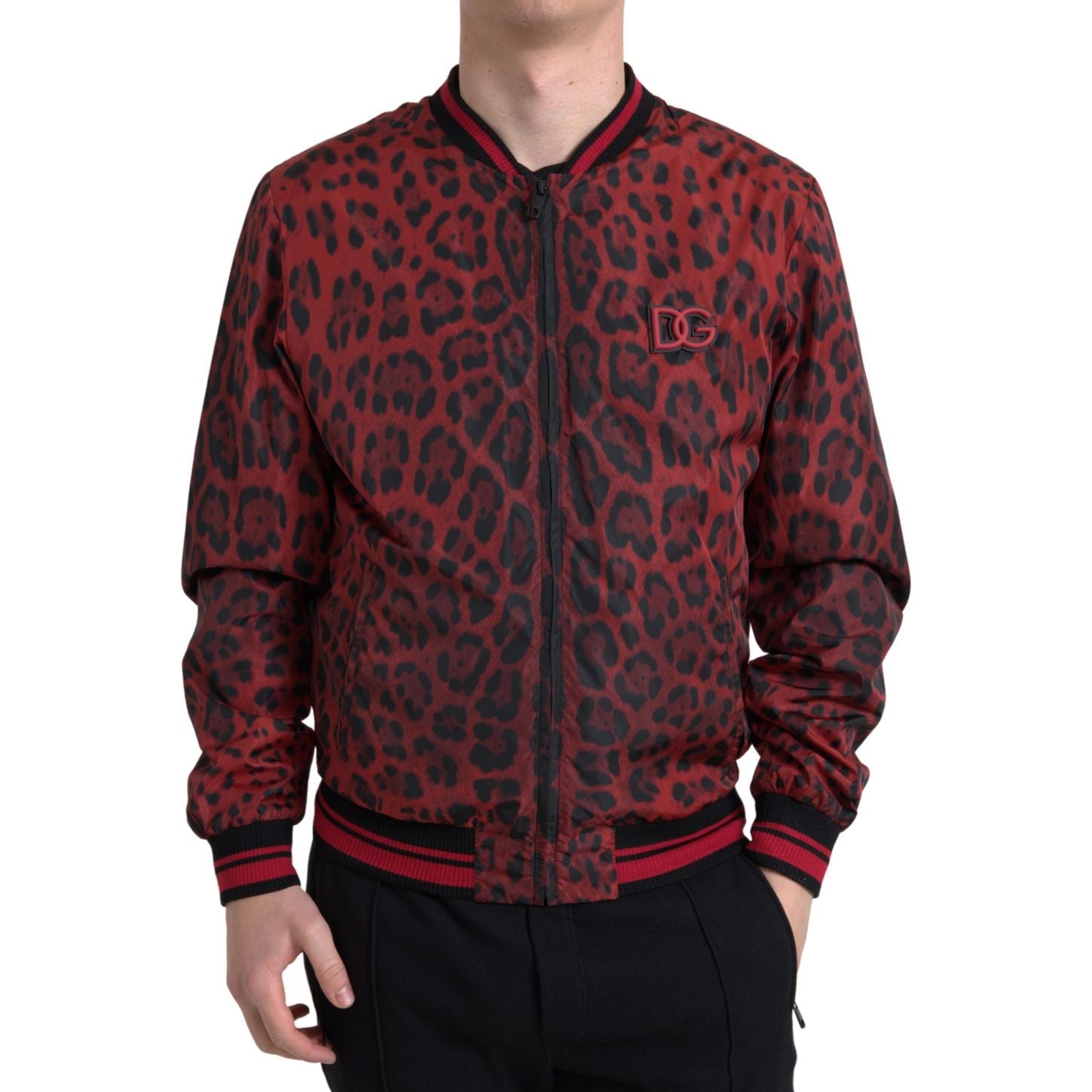 Dolce & Gabbana Red Silk Leopard Print Bomber Jacket