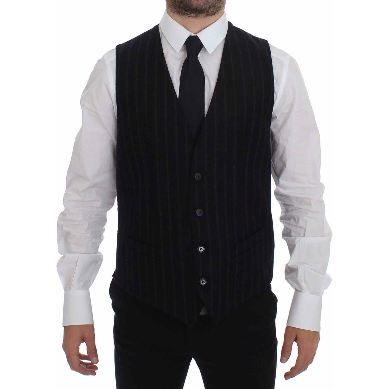 Dolce & Gabbana Black Wool Striped Dress Vest