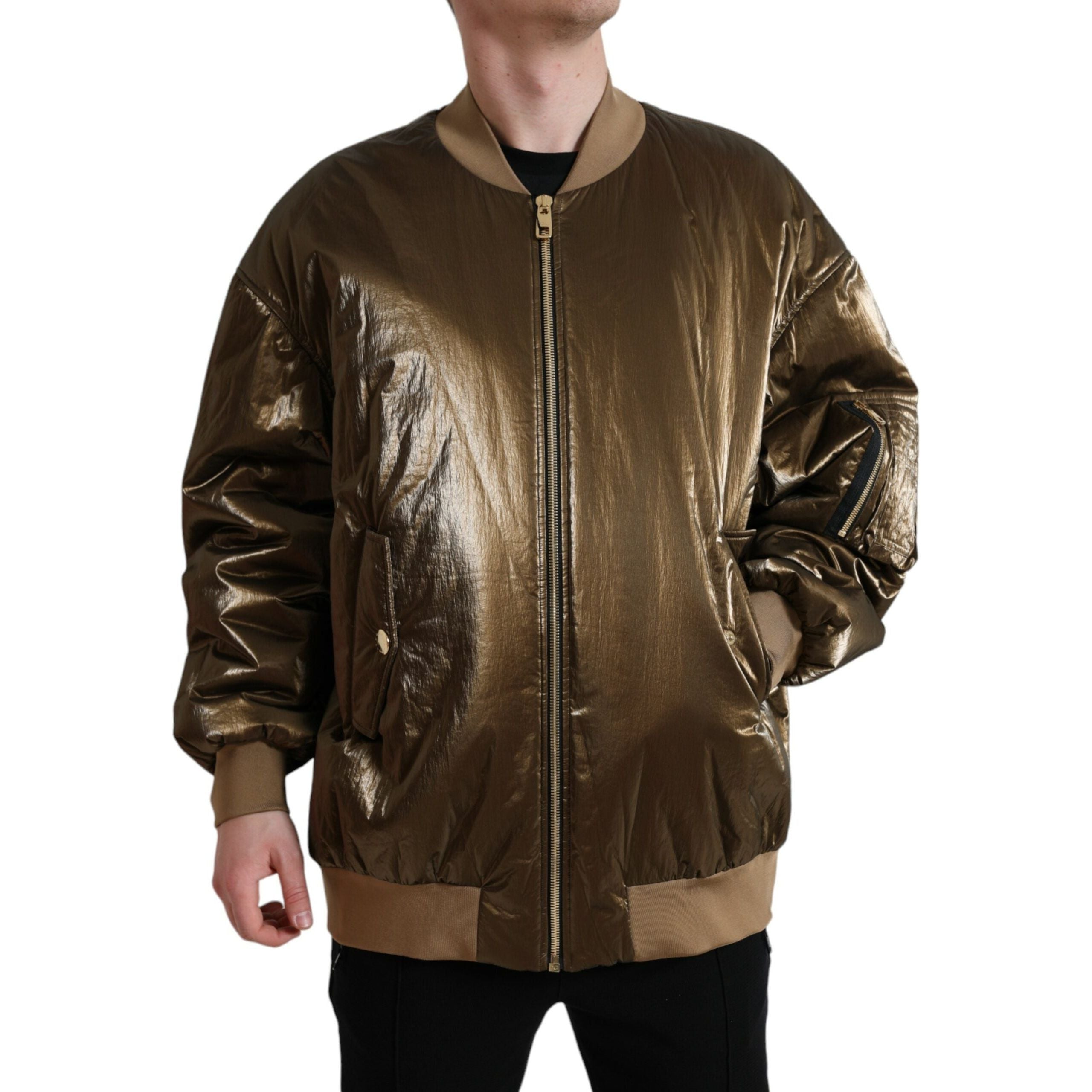 Dolce & Gabbana Bronze Nylon Bomber Jacket Luxury Fashion