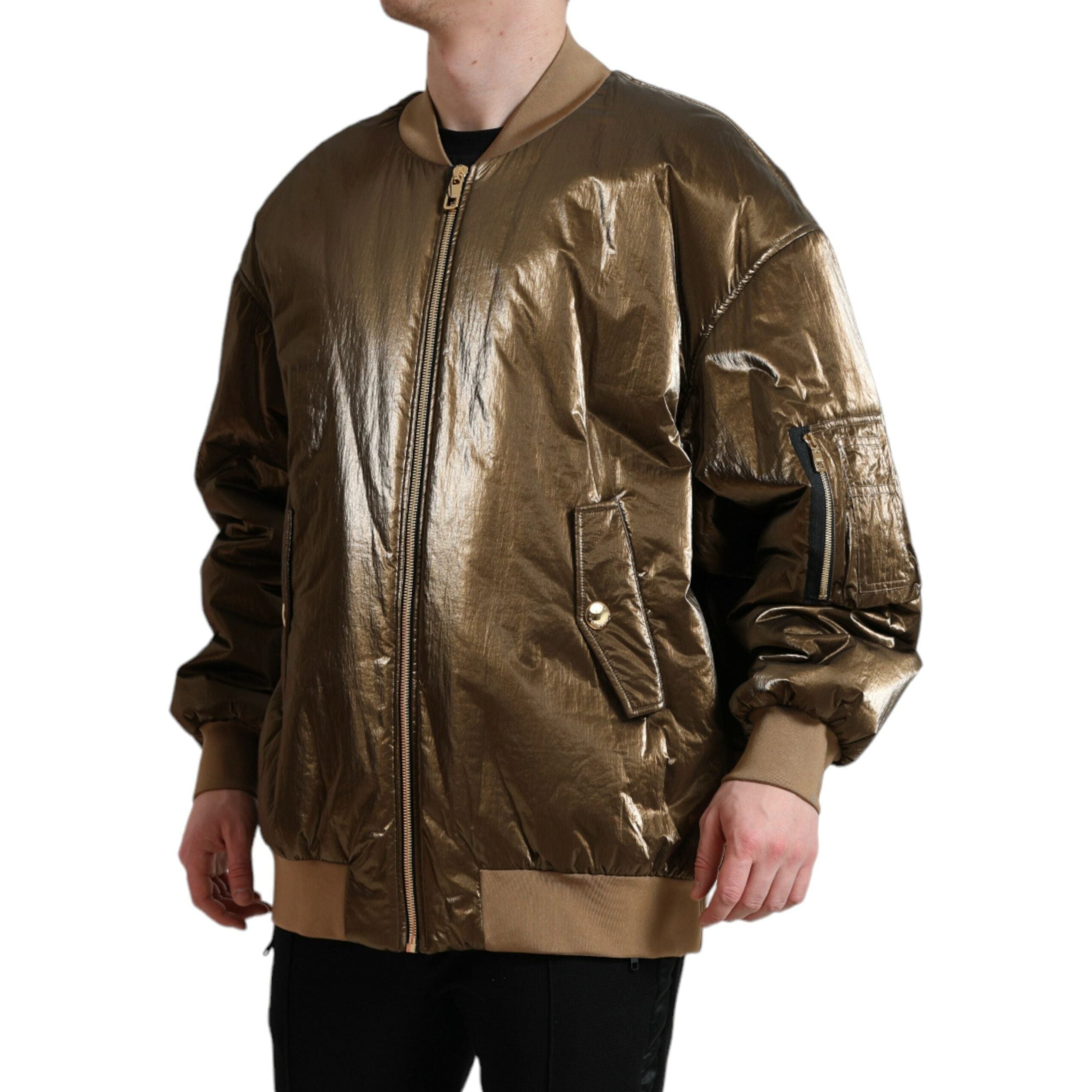 Dolce & Gabbana Bronze Nylon Bomber Jacket Luxury Fashion