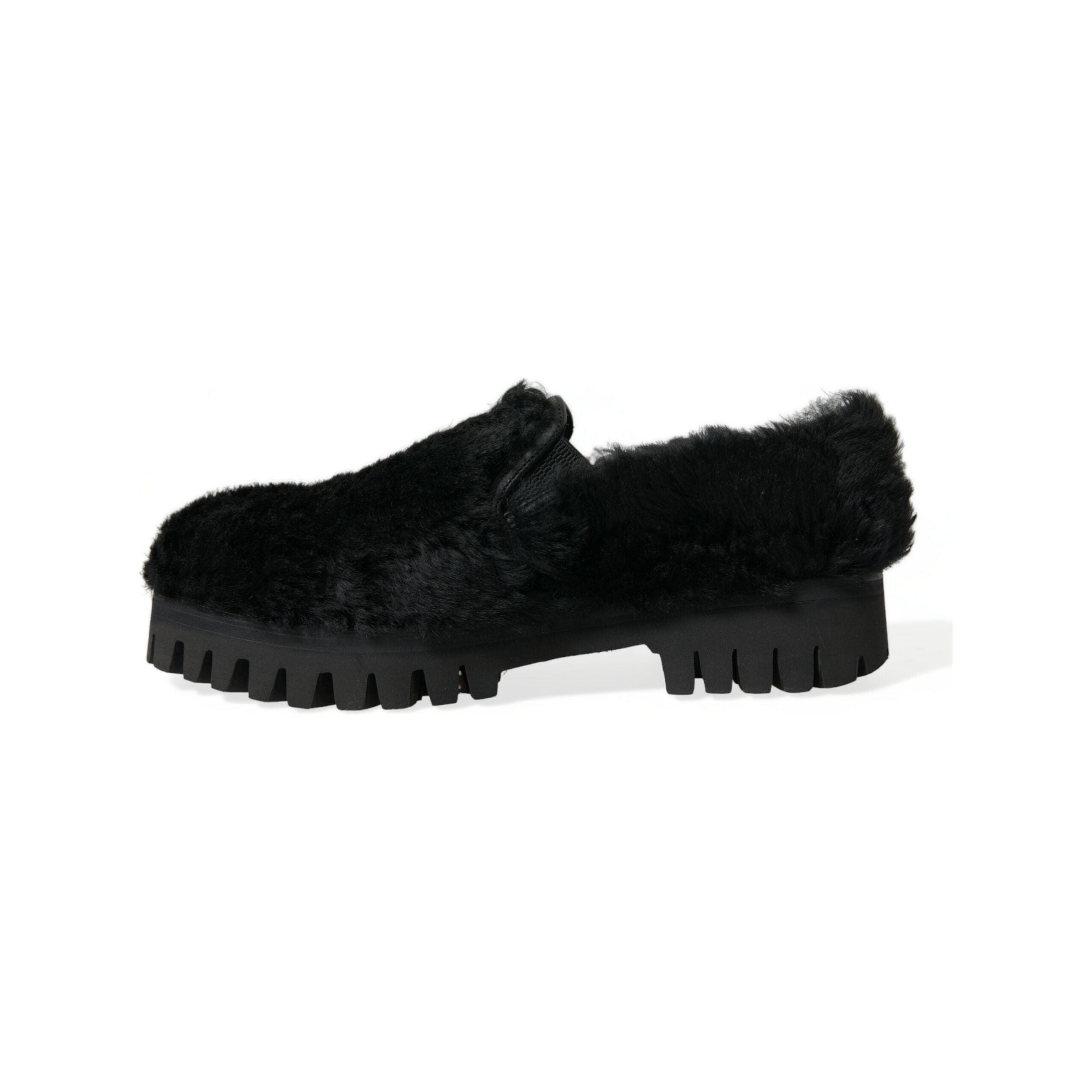 Dolce & Gabbana Black Fur Leather Slip On Loafers