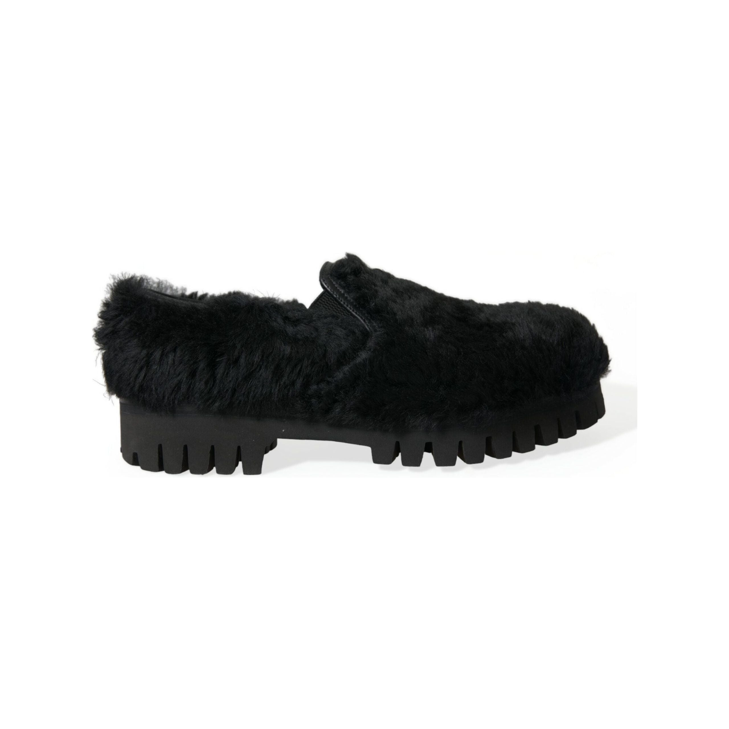 Dolce & Gabbana Black Fur Leather Slip On Loafers