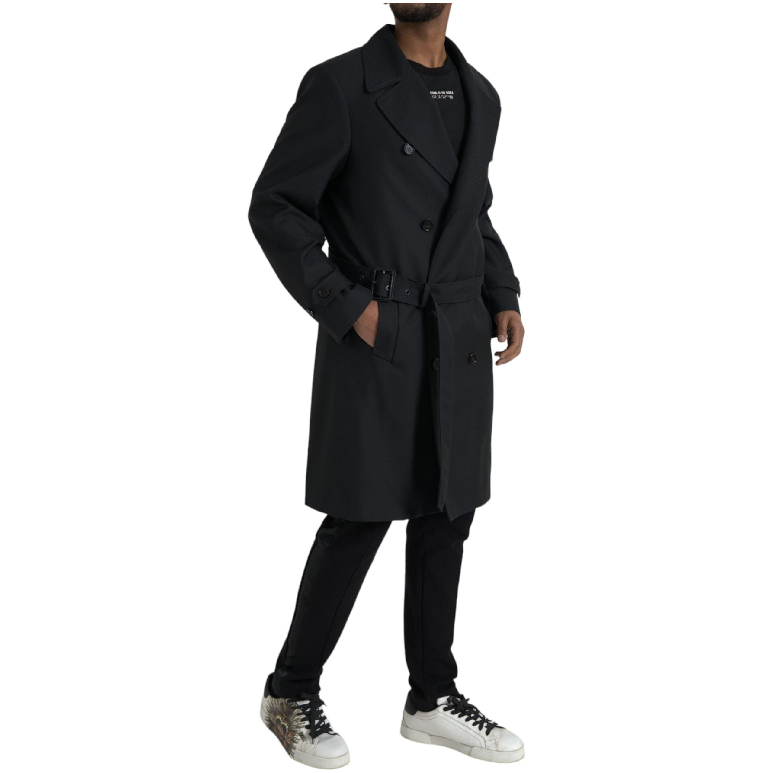 Dolce & Gabbana Black Wool Double Breasted Trench Coat