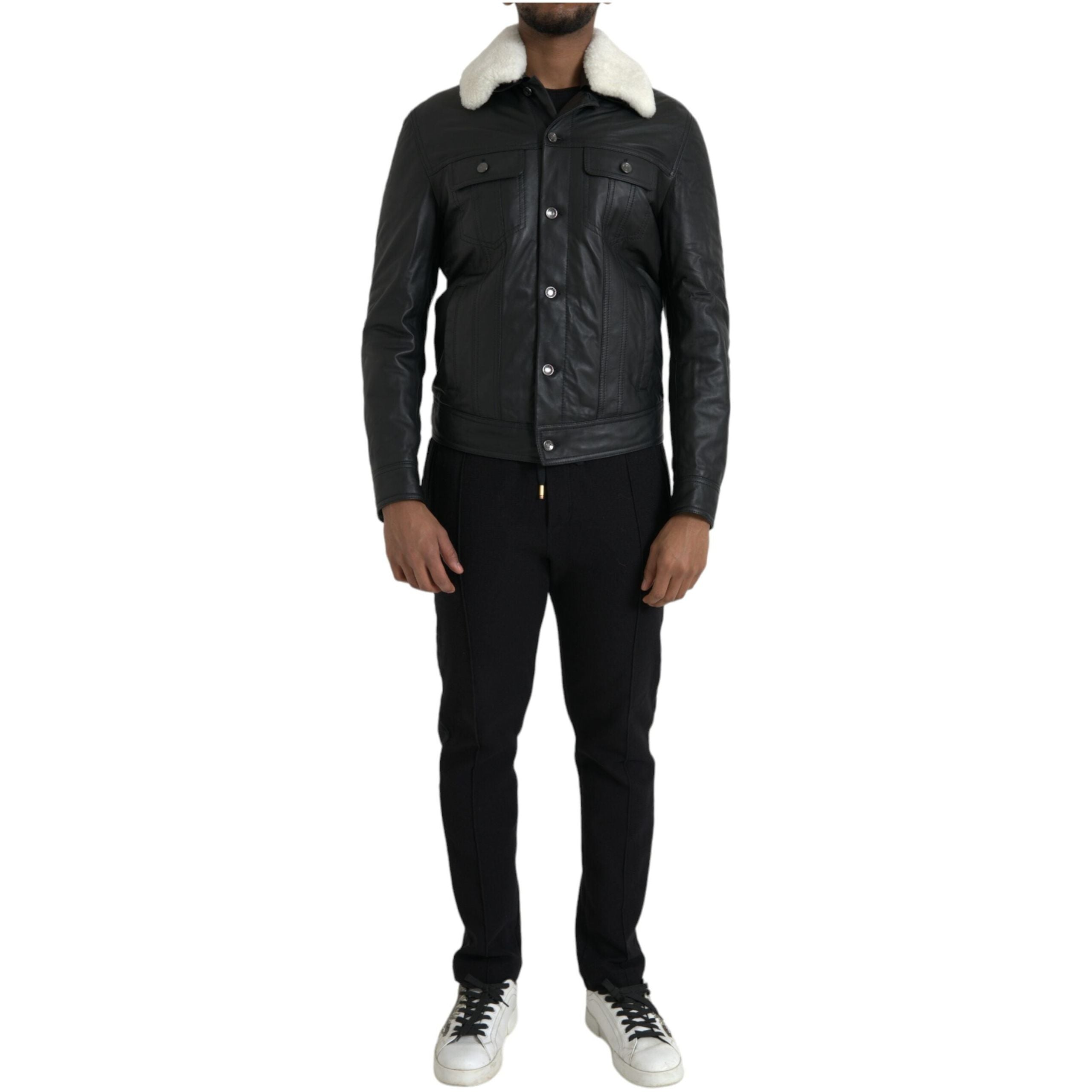 Dolce & Gabbana Black Leather Biker Coat Jacket