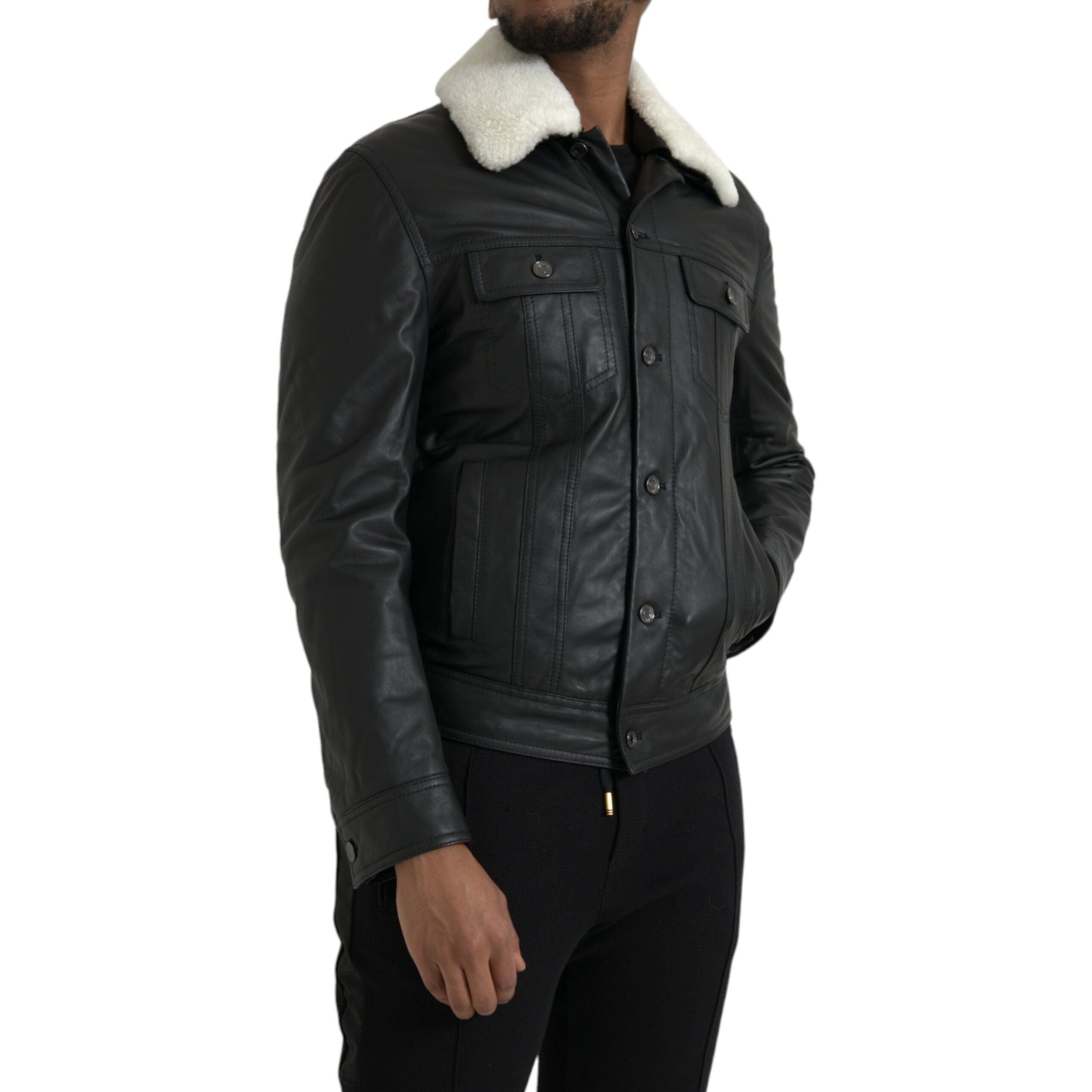 Dolce & Gabbana Black Leather Biker Coat Jacket