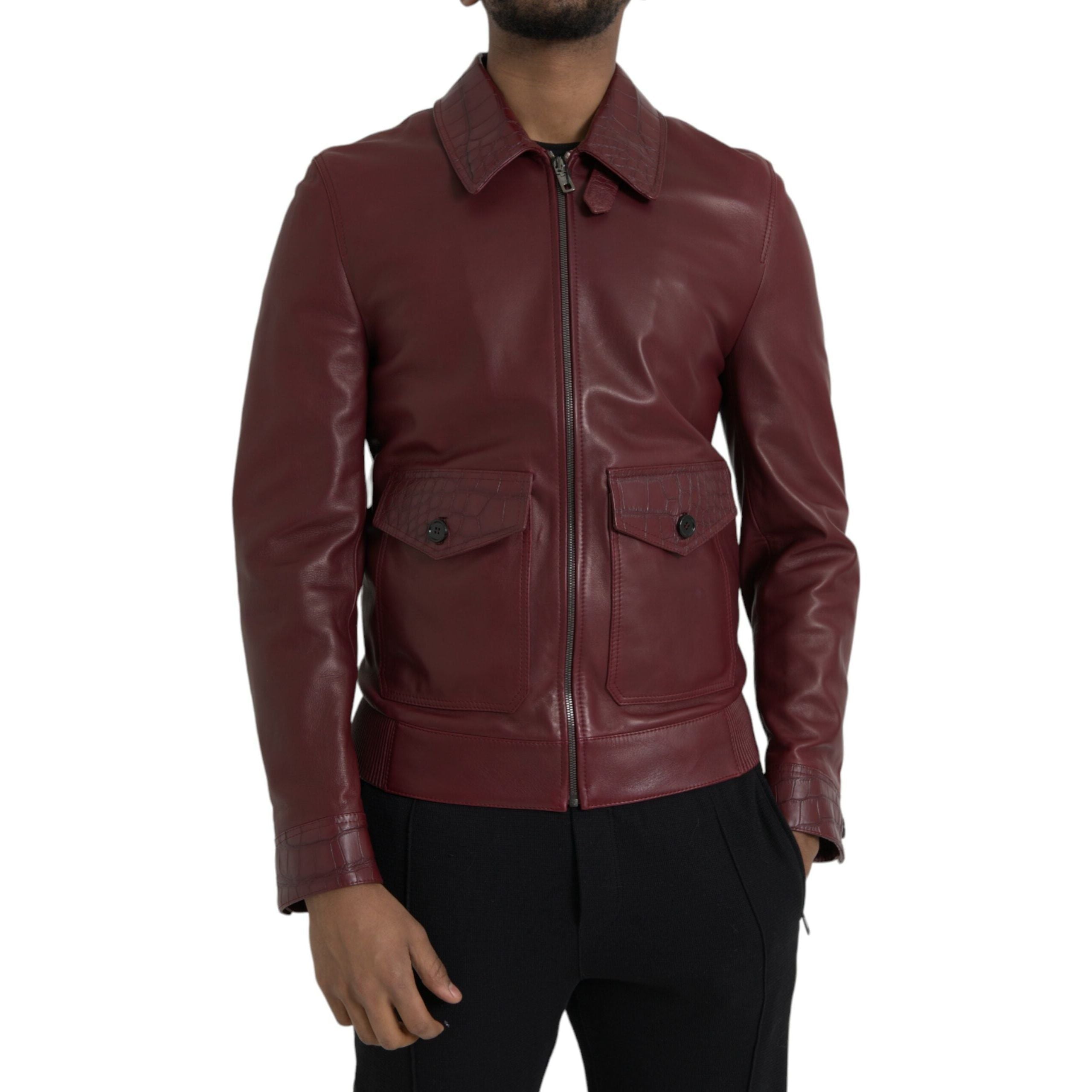 Dolce & Gabbana Maroon Exotic Leather Biker Coat Jacket