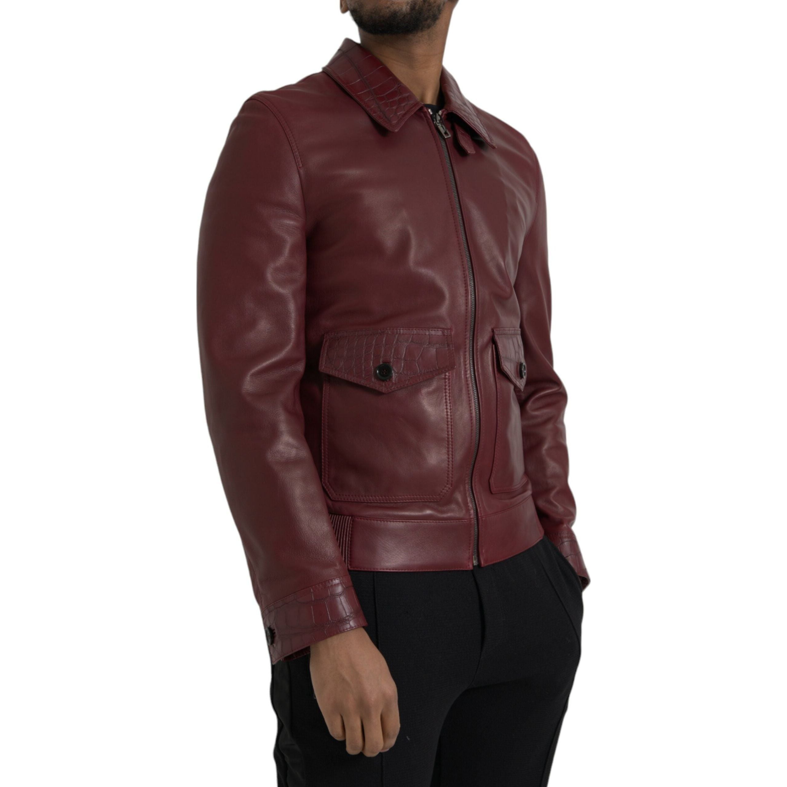 Dolce & Gabbana Maroon Exotic Leather Biker Coat Jacket