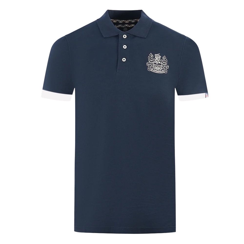Aquascutum Navy Cotton Polo with Contrast Logo Emblem