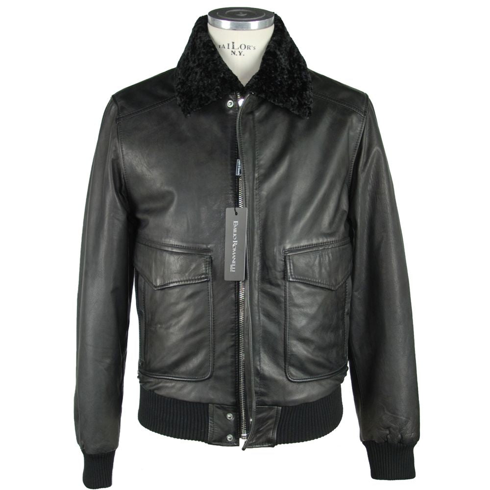 Emilio Romanelli Black Leather Zip Jacket for Elegance
