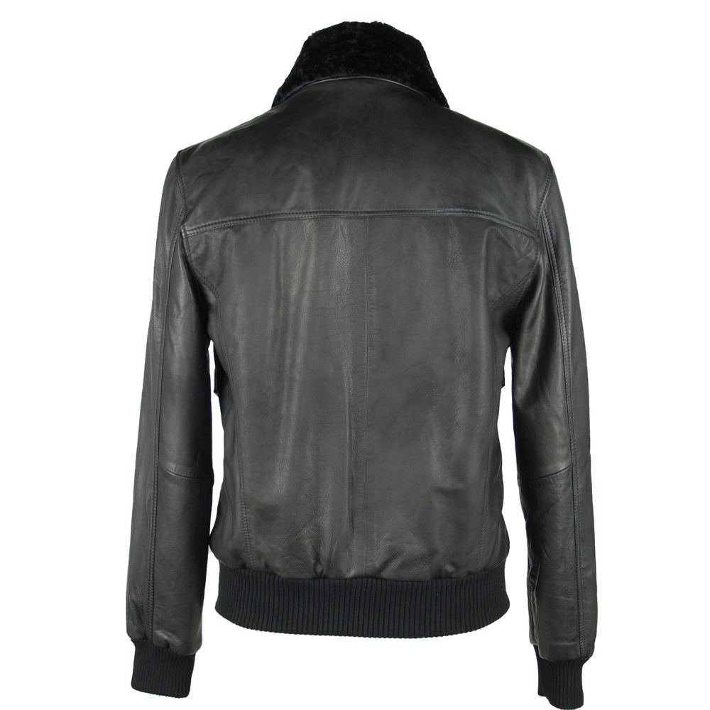 Emilio Romanelli Black Leather Zip Jacket for Elegance