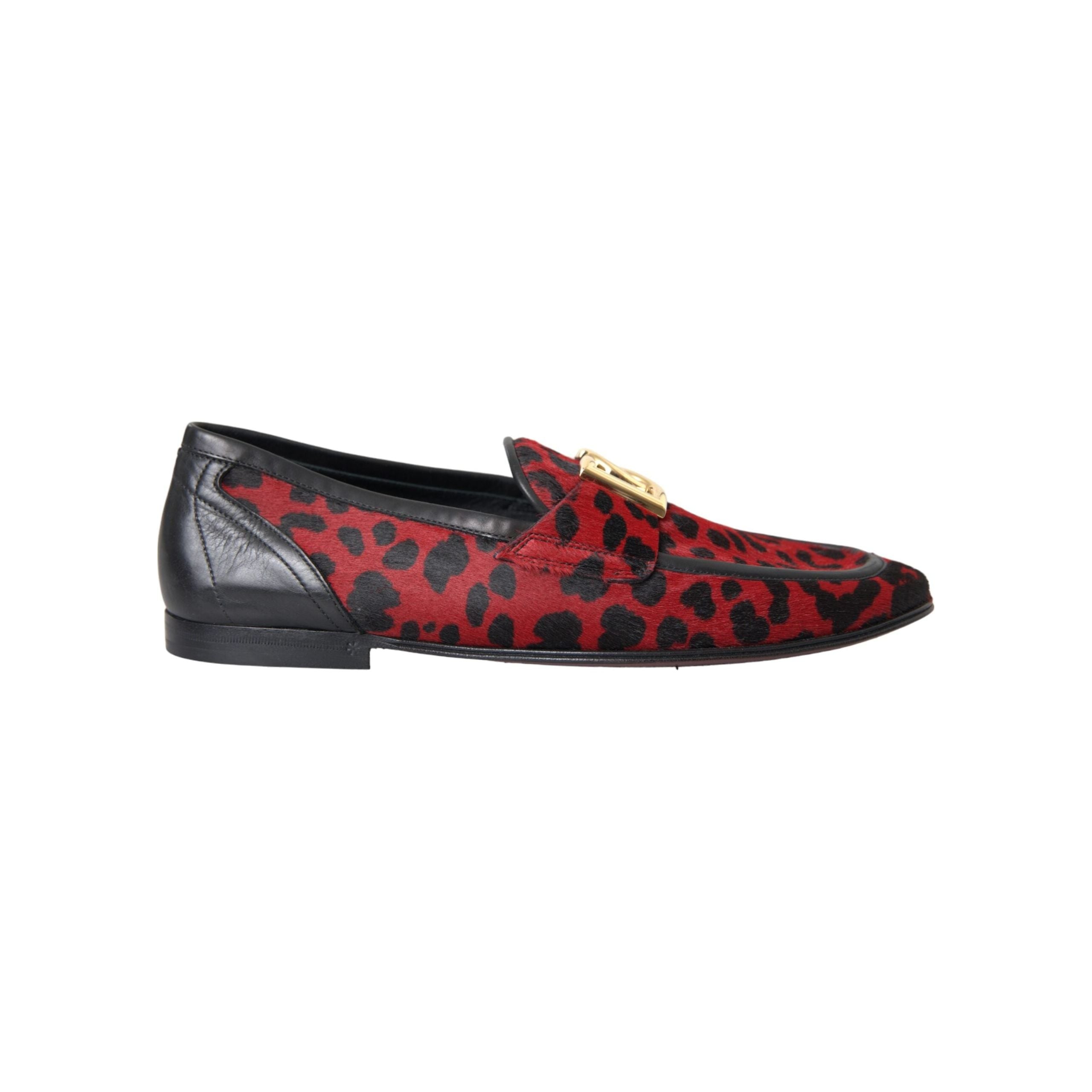 Dolce & Gabbana Red Black Calf Fur Loafers Formal Shoes