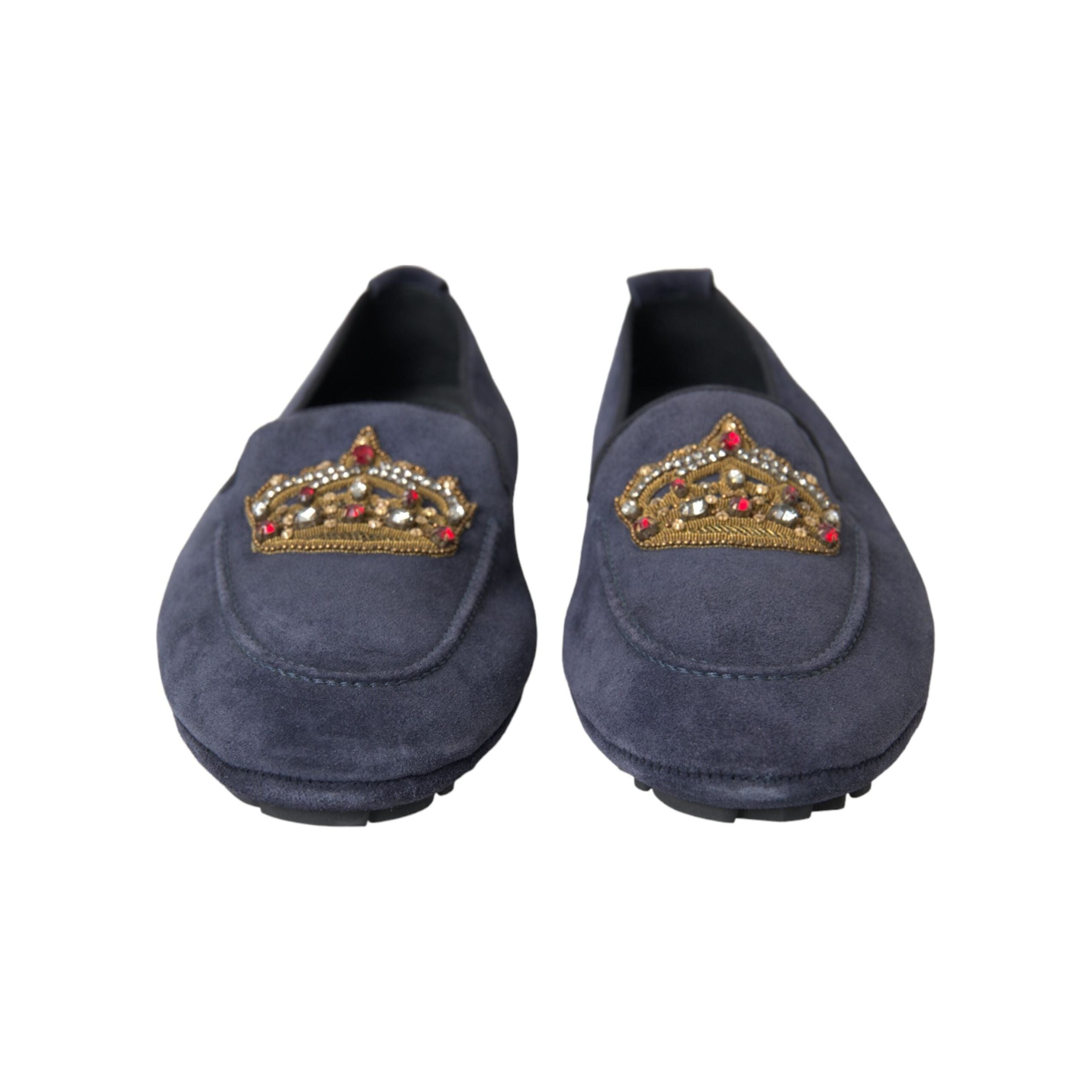 Dolce & Gabbana Blue Leather Suede Crystal Crown Loafers