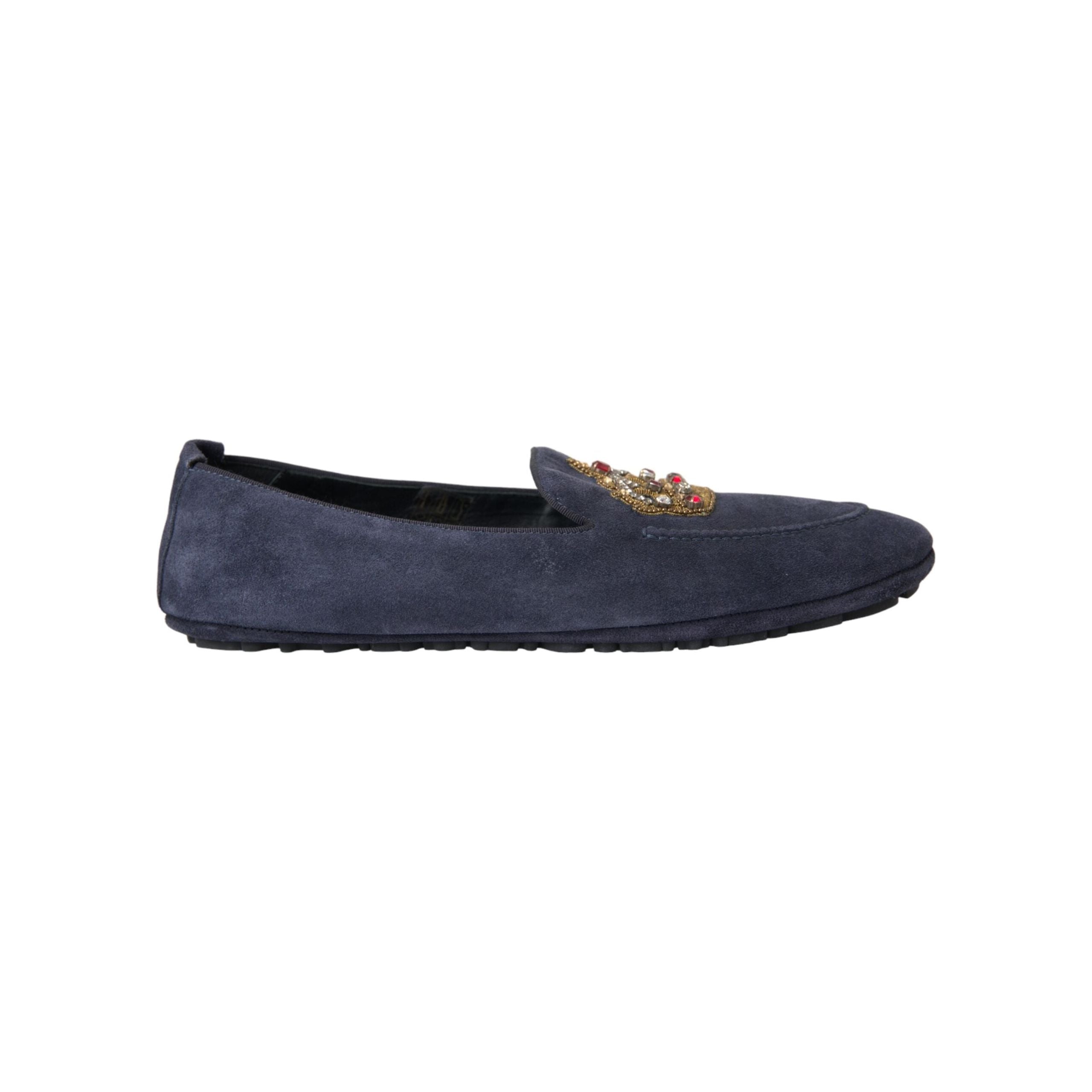 Dolce & Gabbana Blue Leather Suede Crystal Crown Loafers
