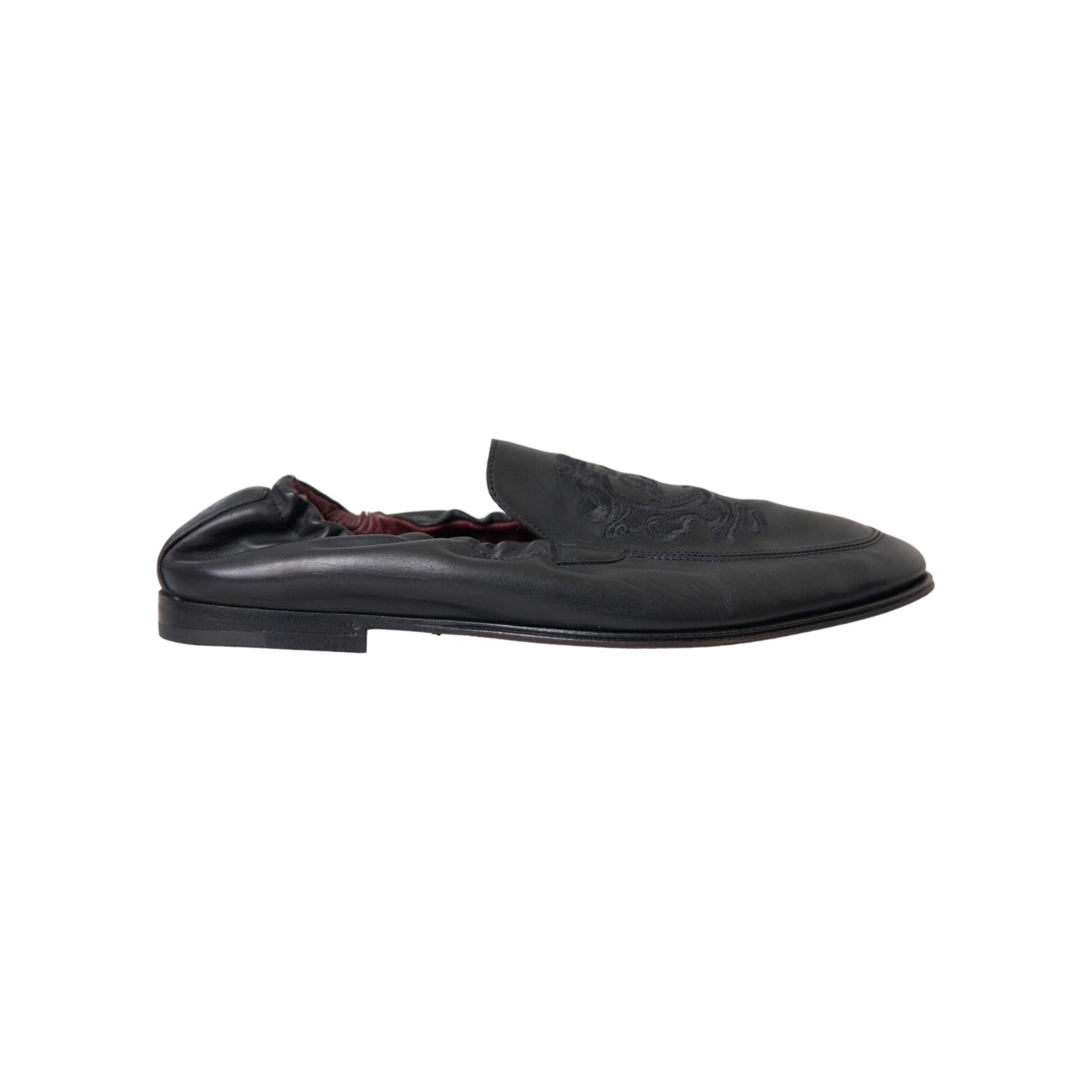 Dolce & Gabbana Black Logo Embroidered Leather Loafers
