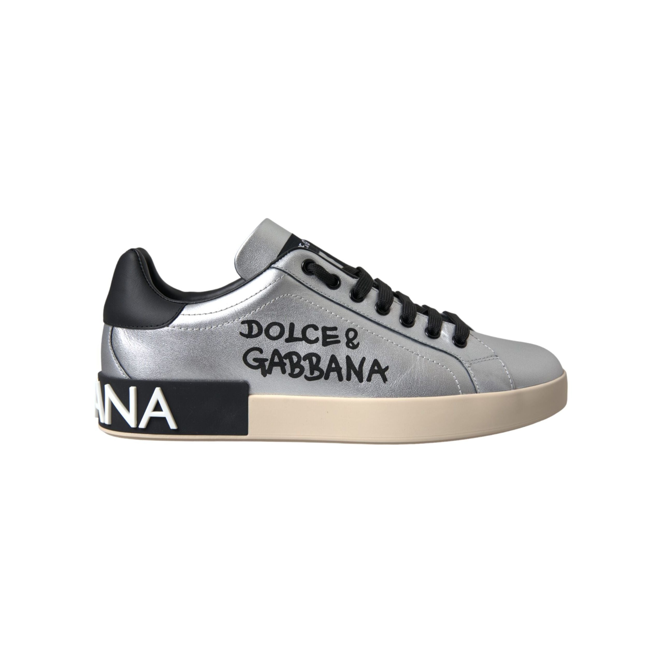 Dolce & Gabbana Silver Calf Leather Portofino Sneakers