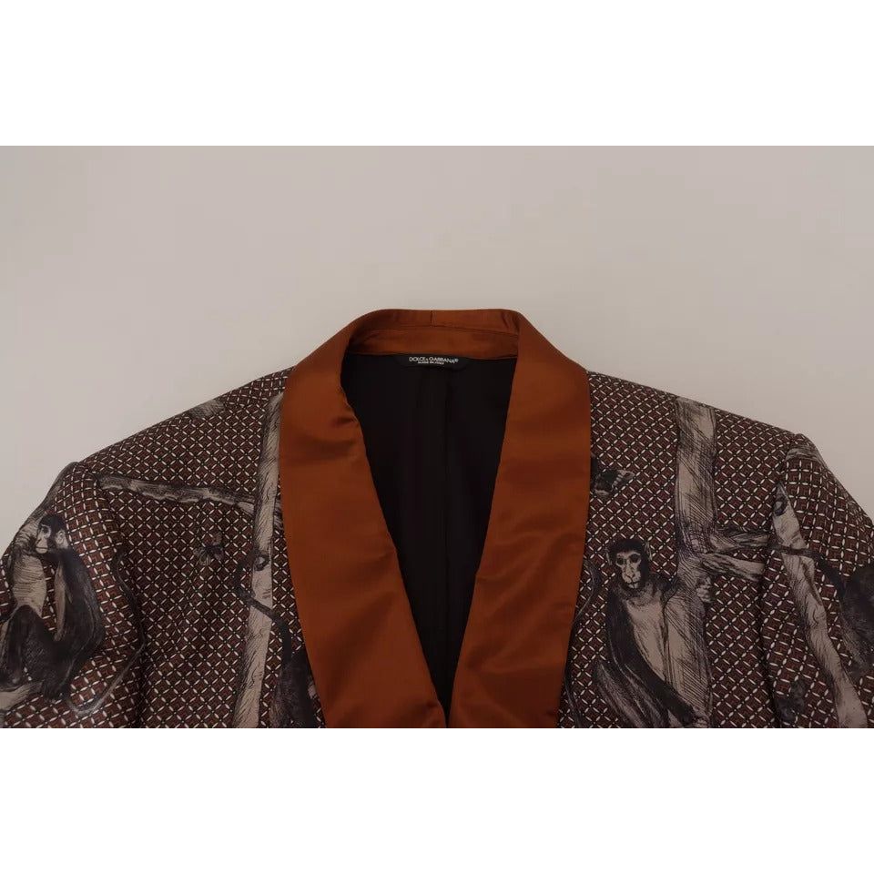 Dolce & Gabbana Bronze Silk Monkey Print Slim Jacket Blazer