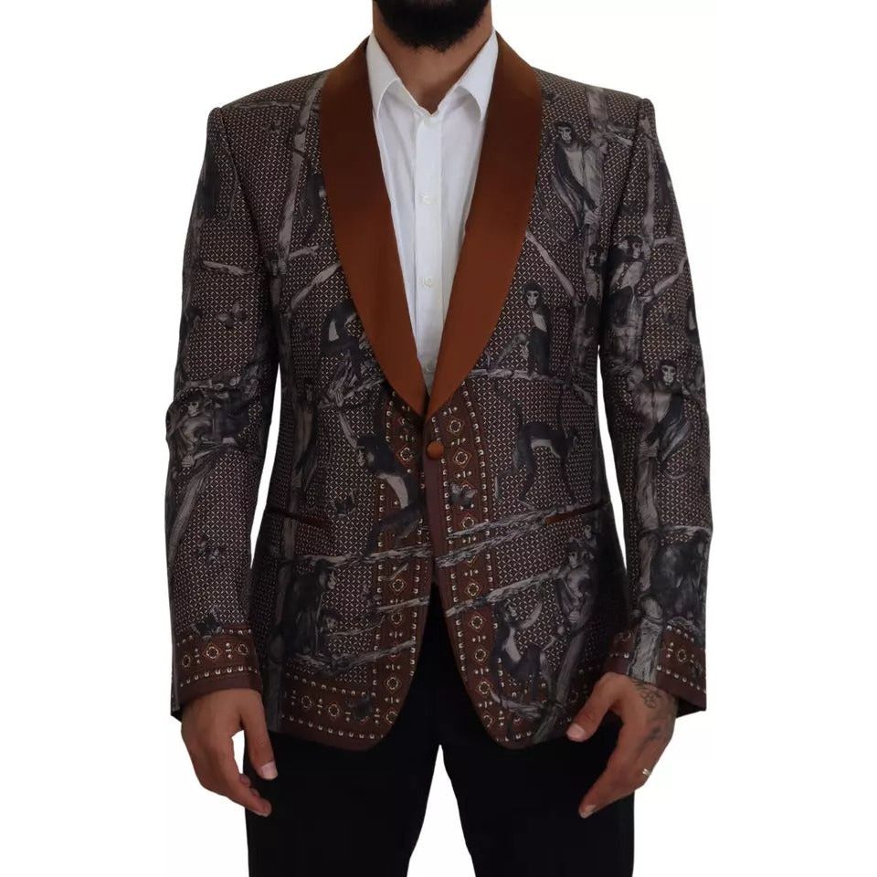 Dolce & Gabbana Bronze Silk Monkey Print Slim Jacket Blazer