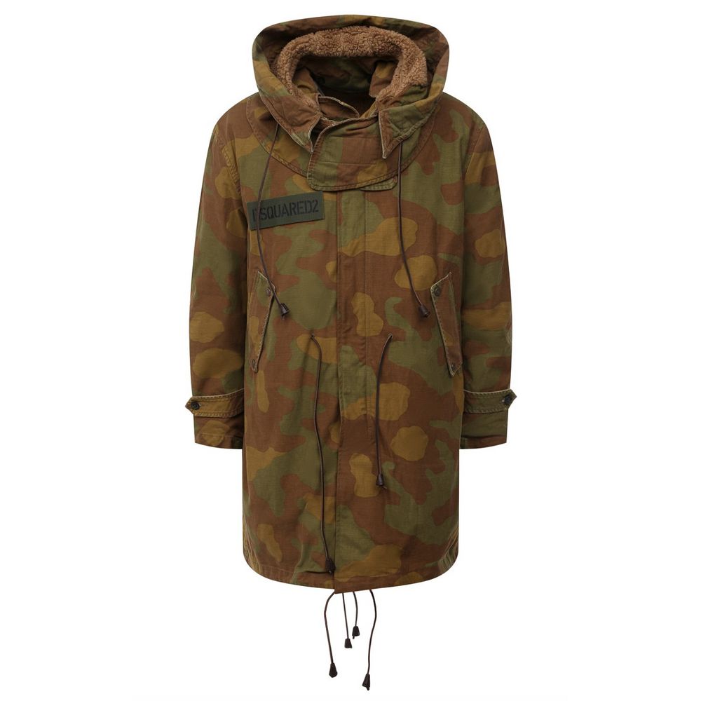 Dsquared² Camo Green Cotton Hooded Parka with Leather Details