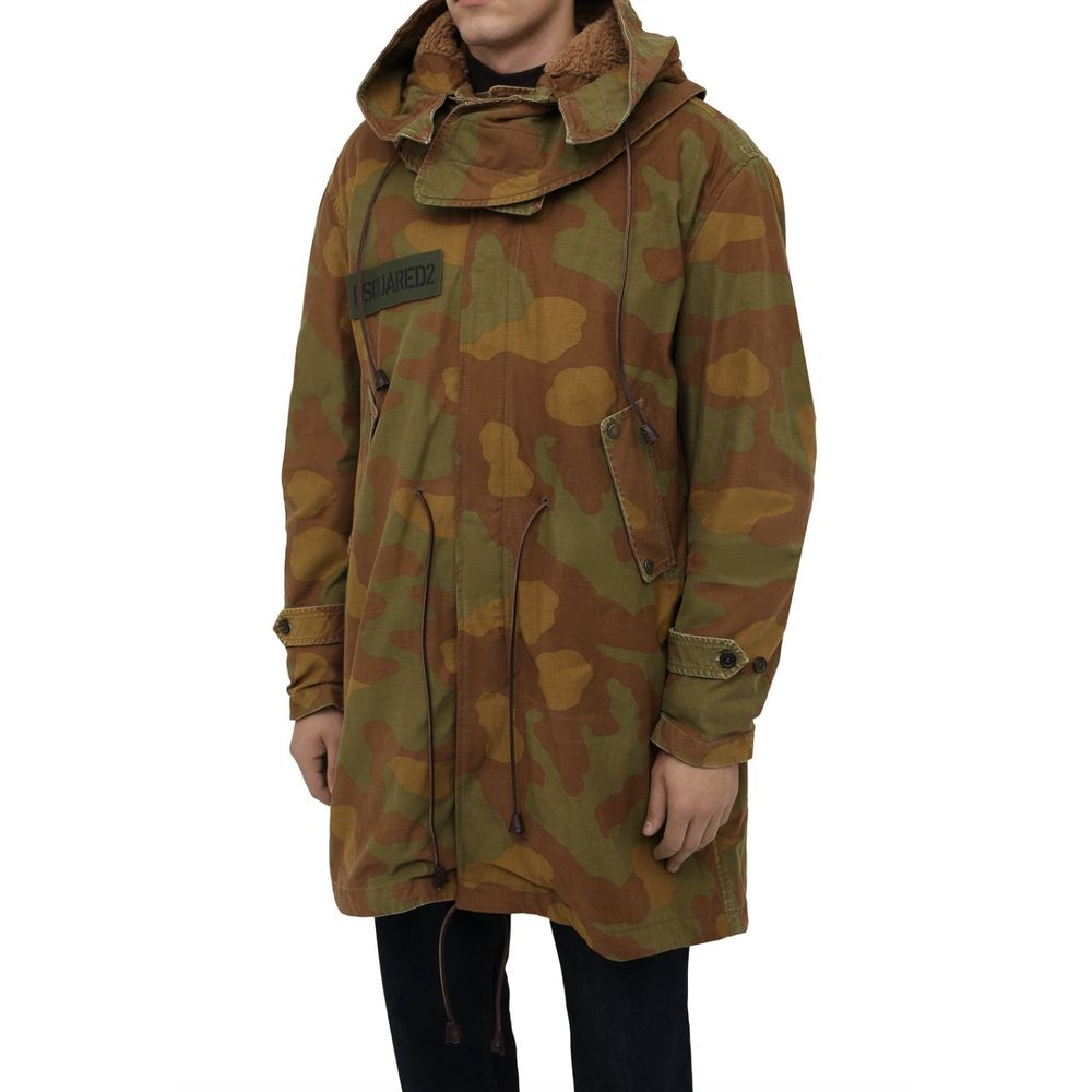 Dsquared² Camo Green Cotton Hooded Parka with Leather Details