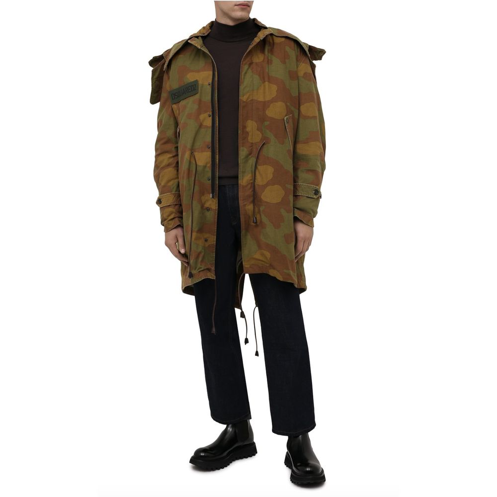 Dsquared² Camo Green Cotton Hooded Parka with Leather Details